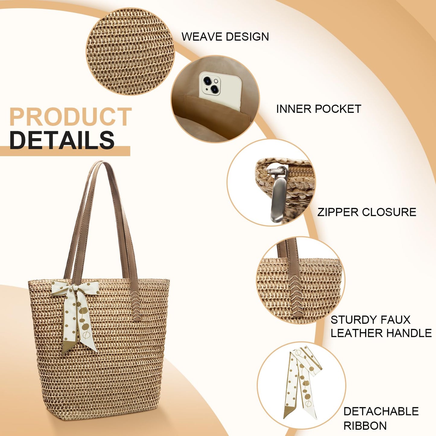 Long Keeper Straw Tote Bag for Women Summer Straw Beach Bag with Zipper Woven Shoulder Tote Bags for Beach Picnic Vacation (Khaki)