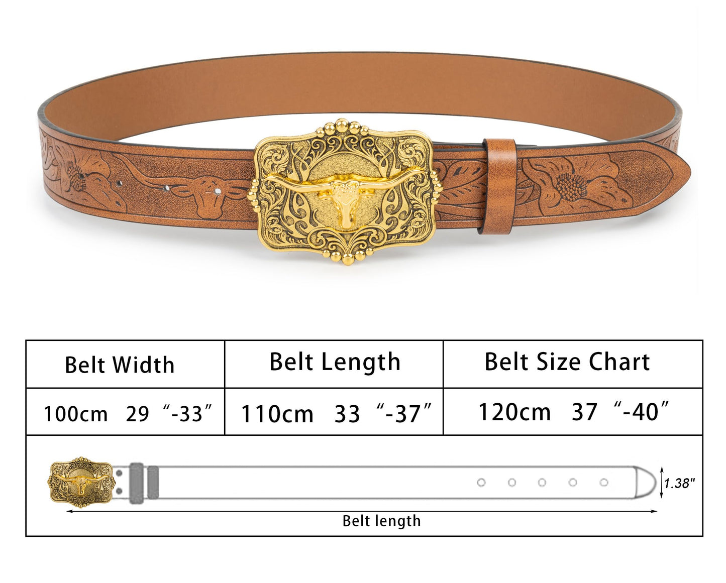 Voenkca Western Cowboy-Cowgirl Leather-Belts for Men - with Longhorn-Bull