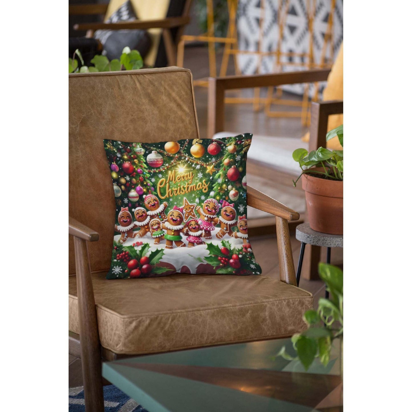 Jiaopenyou Throw Pillow Cover 20x20 Inch,Gingerbread Girls Dancing with The Words Merry Christmas Throw Pillow Case,Home Decor Cushion Covers for Sofa Living Room Couch Bed