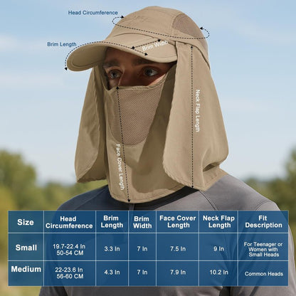 Surblue Quick-Drying Outdoor Cap UV Protection Sun Hats Fishing Hat Neck Face Flap Hat UPF50+ Khaki