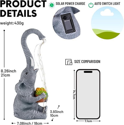 Elephant Garden Statue with Solar Watering Lights, Outdoor Resin Animal Sculpture for Patio, Lawn, Yard – Unique Gift for Women, Mom, Grandma (Grey Succulents)