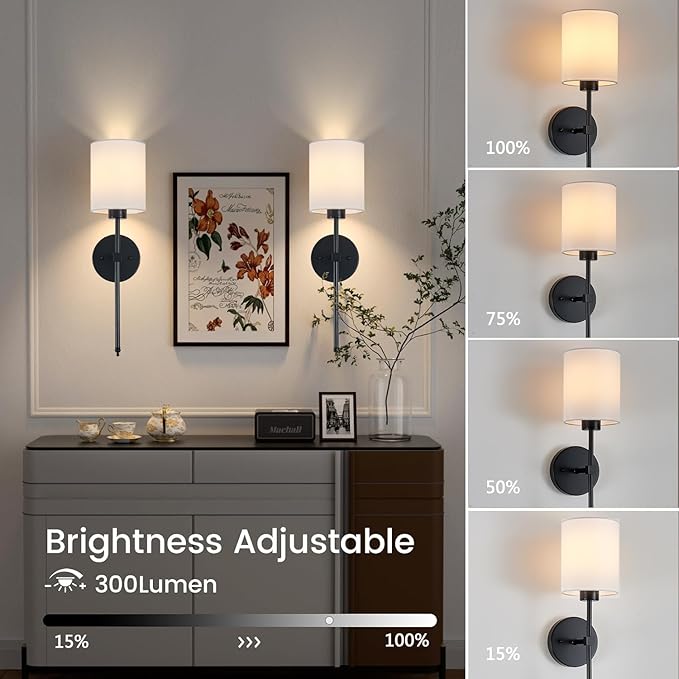 Battery Operated Wall Sconce Set of 2, Black Cordless Rechargeable Wall Sconces with Dimmable LED Bulb and Remote, 13 Colors Wall Lights for Bedroom Living Room Hallway