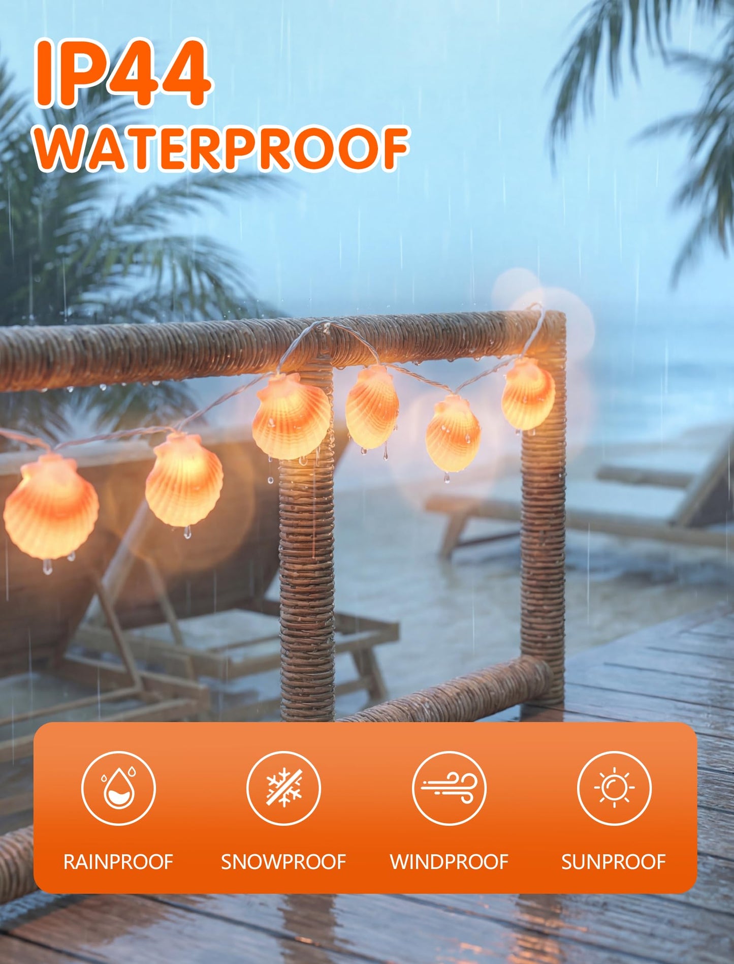 SUNSGNE 8.5FT LED Summer Seashell String Lights, 10 Textured Translucent Shell Beach String Lights with White Wire, Connectable Outdoor Indoor Decor for Summer Beach Theme, Pool Party, Ocean Bathroom