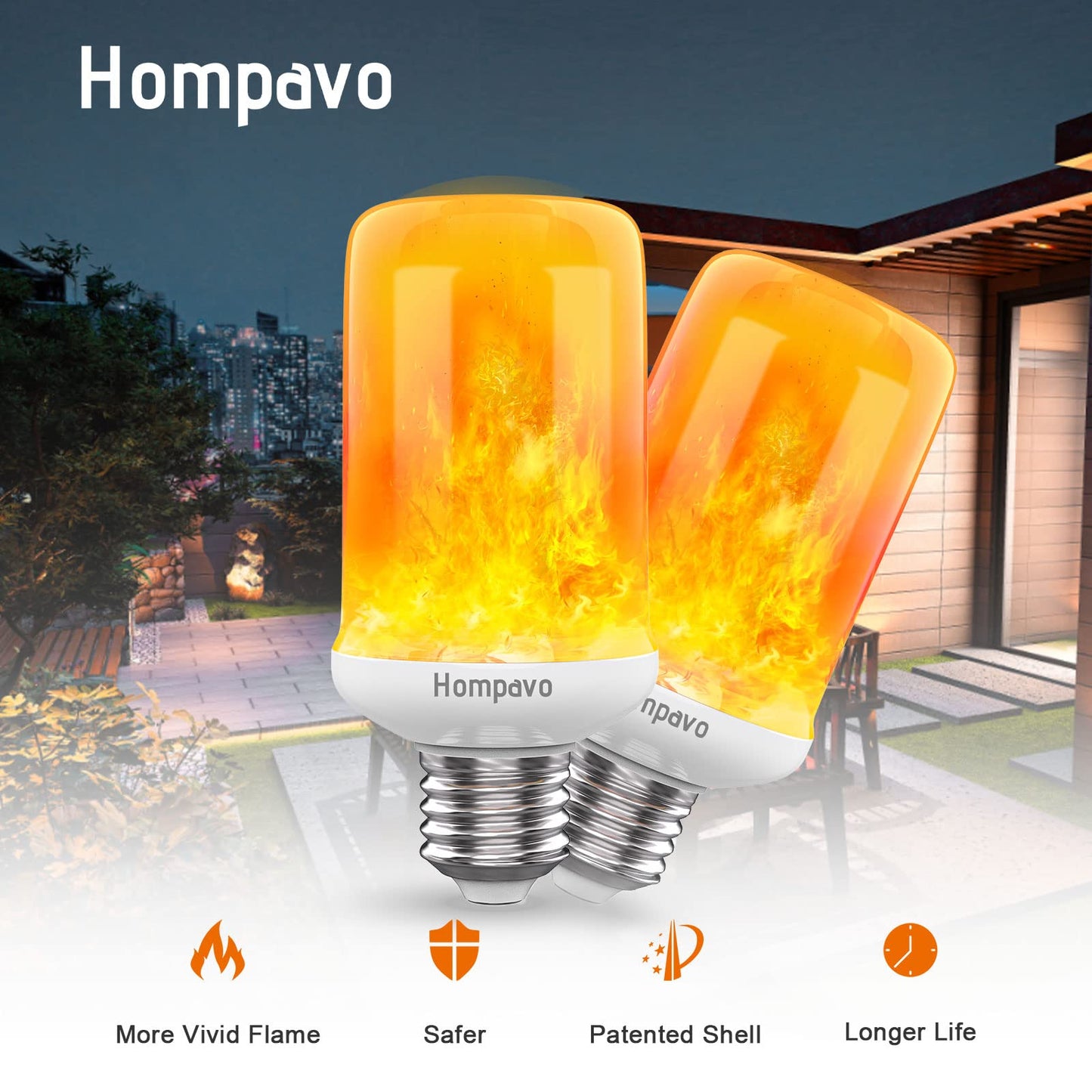 Hompavo 【Upgraded】 LED Flame Light Bulbs, 4 Modes Flickering Light Bulbs with Upside Down Effect, E26/E27 Base Flame Bulb for Halloween, Christmas, Indoor and Outdoor Decoration (White-2 Pack)