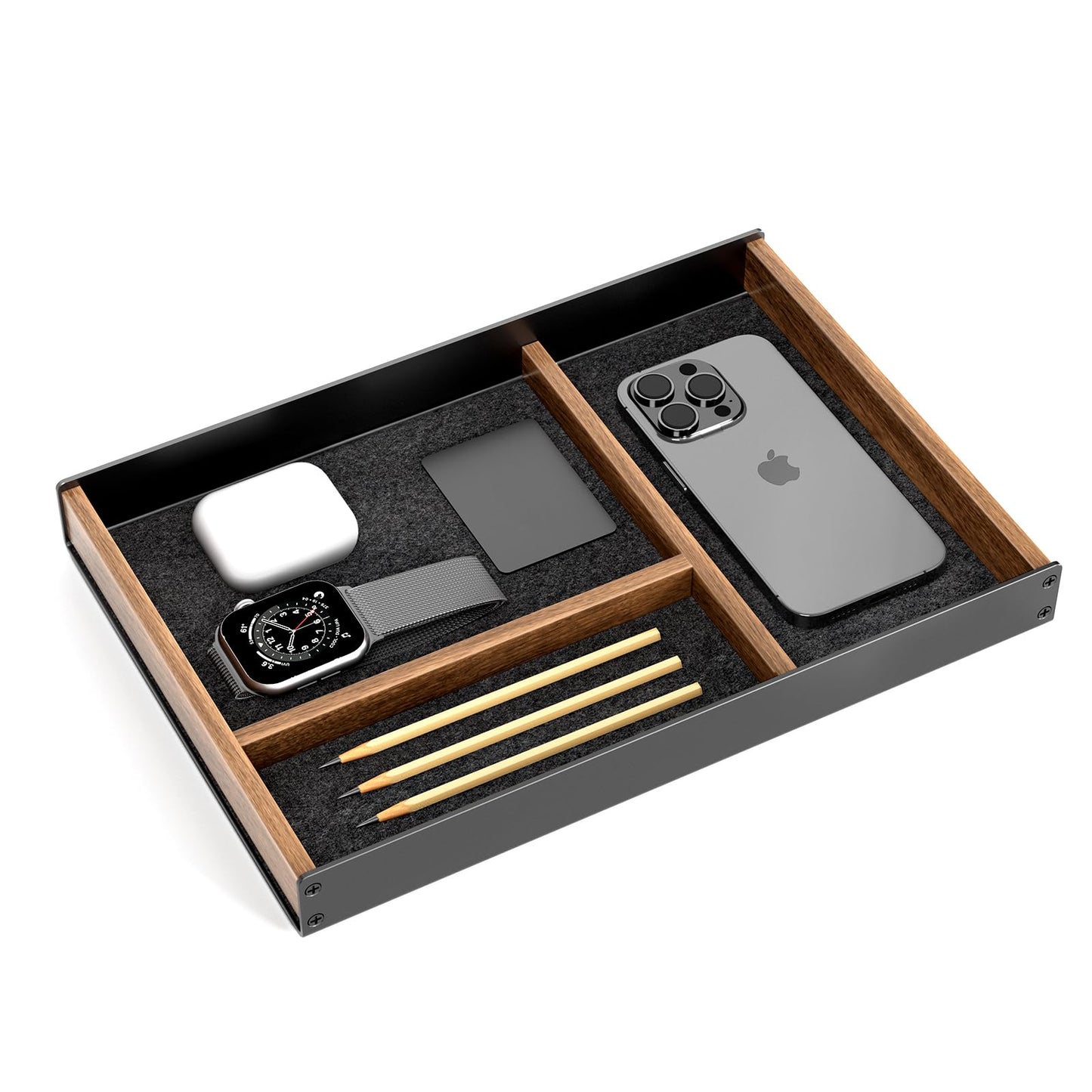 UPERGO Desk Drawer Organizer Tray, Mens Valet Made of Aluminum and Walnut, Aesthetic Desk Accessories for Office Home Supplies