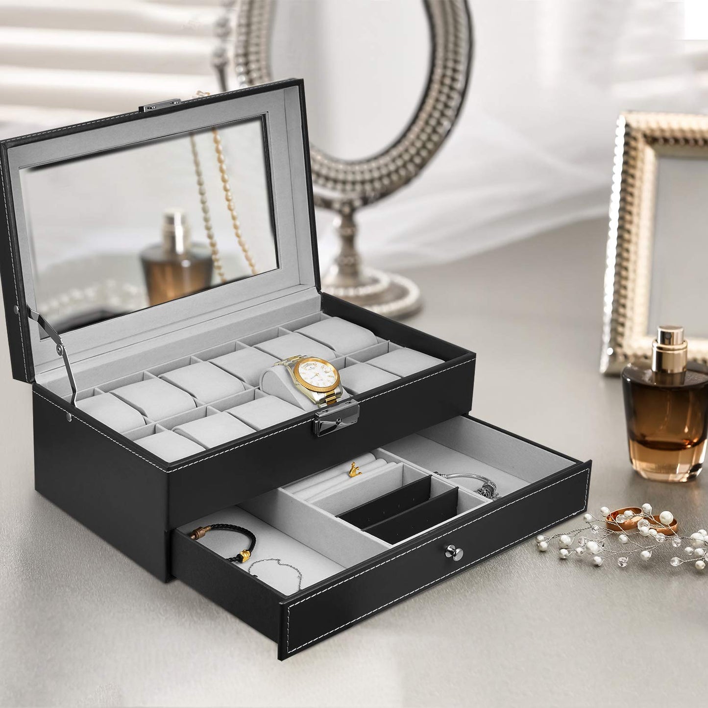 Hossejoy Leather Watch Box 12 Mens Watch Organizer with Jewelry Display Drawer Lockable Watch Case Organizer, Black