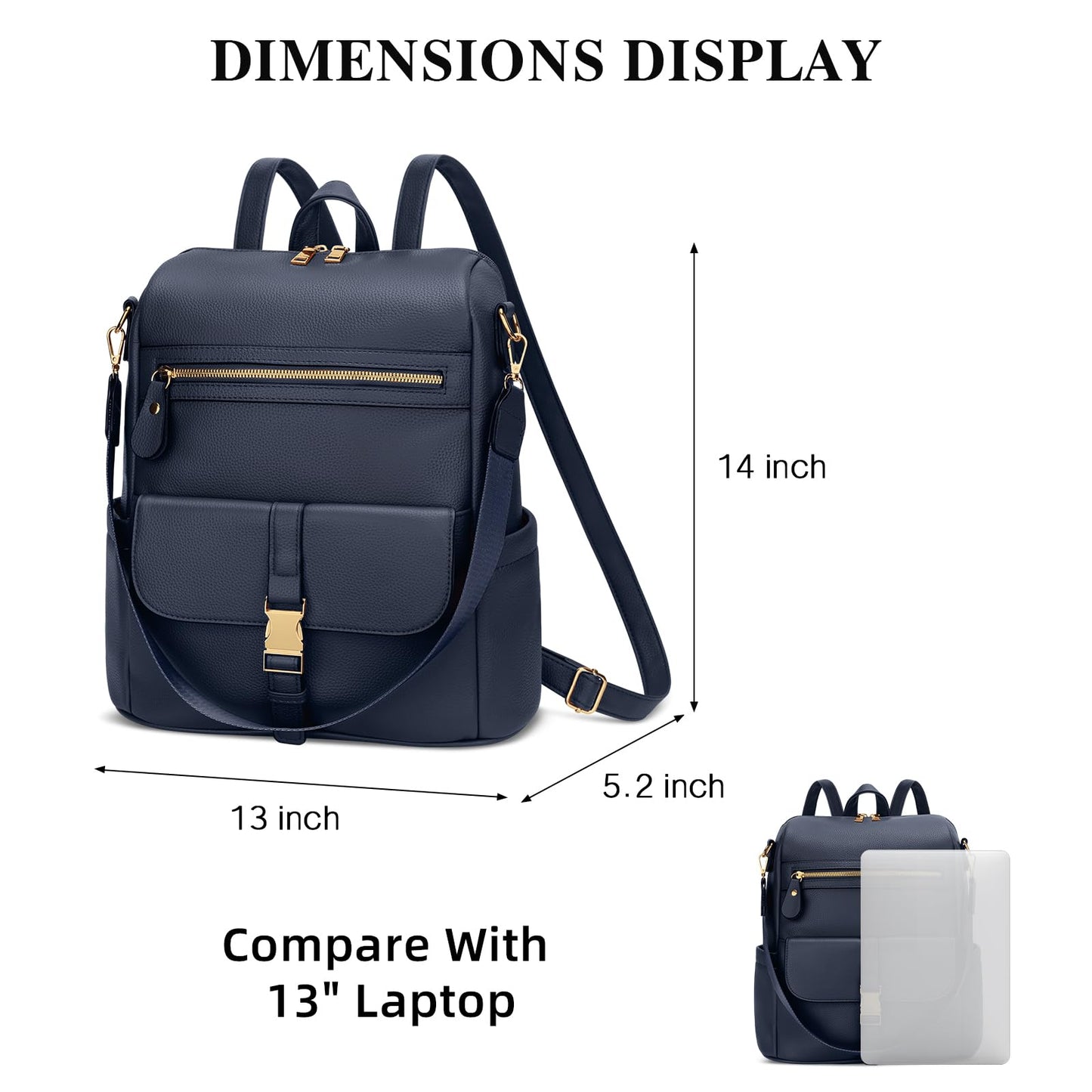 KKXIU Backpack Purse for Women - Multi-pocket Leather backpack for Travel, Work & School with Anti-Theft Lock Pocket, Luggage Strap & Water Bottle Pockets - 13x14x5.2 Inch (Navy)