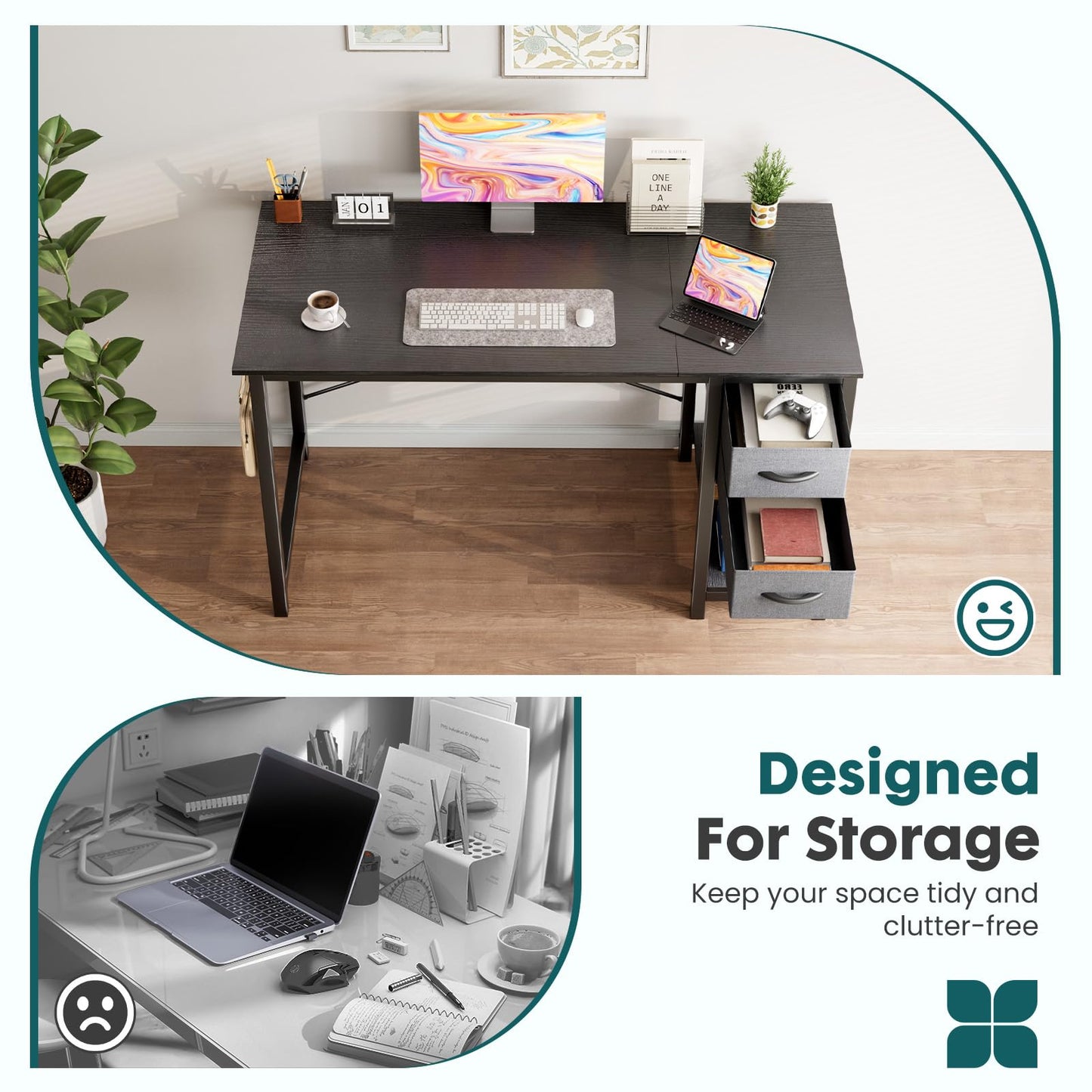 Sweetcrispy 40 Inches Computer Desk with Drawers, Home Office Writing Desk with X-Shaped Reinforcement, Modern Study Work Table with Side Hook, Sturdy Metal Frame, Black