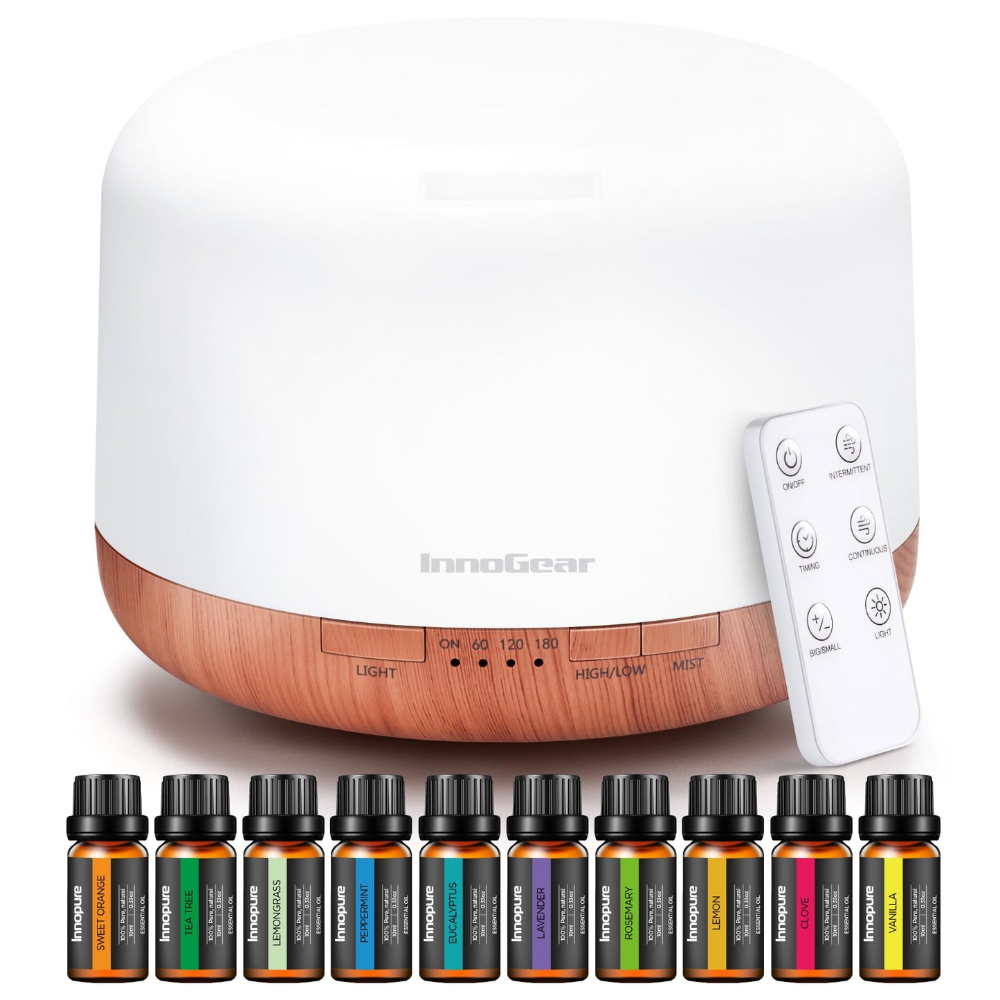 InnoGear Aromatherapy Diffuser & 10 Essential Oils Set, 500ml Essential Oil Diffuser with Remote Control Mother's Gift Ultrasonic Cool Mist Scent Humidifier Vaporizer Auto-Off Timer for Home, Yellow