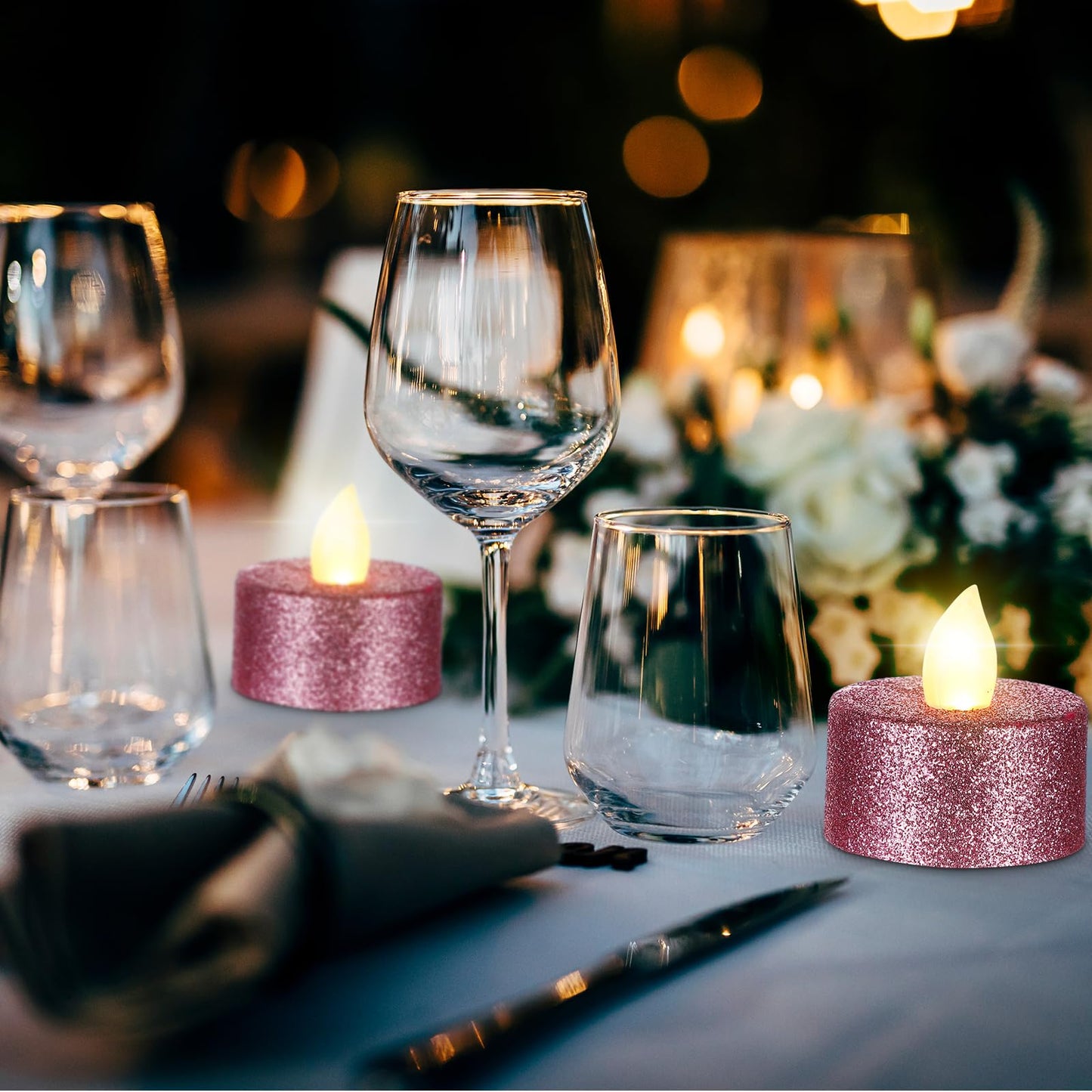 Retisee 48 Pcs Flameless LED Tea Lights Glitter Electric Fake Candles for Centerpieces Battery Operated Anniversary Decorations Romantic Winter Decor for Wedding Christmas Birthday (Pink)