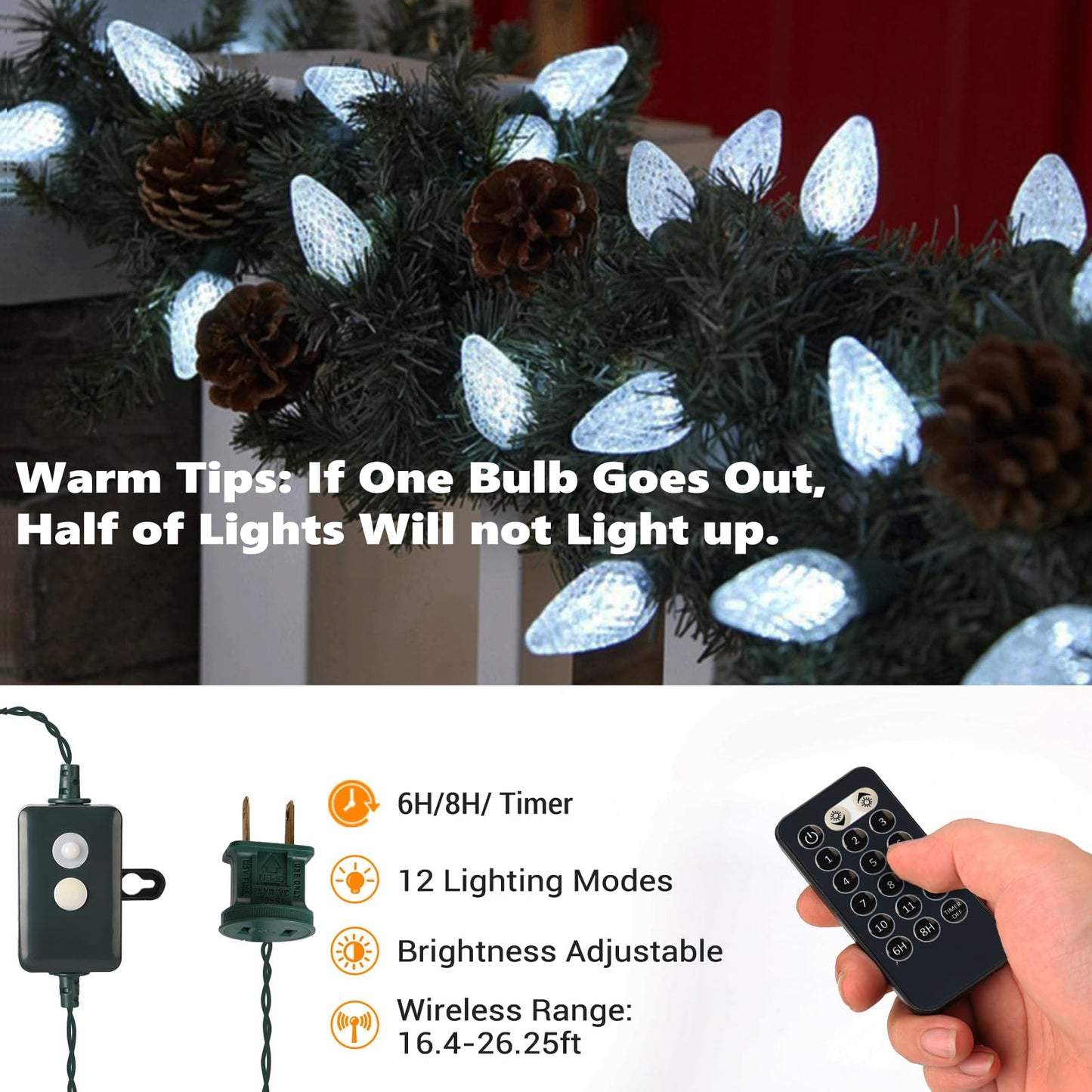 ODEETRONIC Cool White & Multicolor Christmas Lights, 33ft 50 LED C9 Color Changing Tree Lights, Connectable 12 Modes Outdoor Xmas Light with Remote, Dimmable Twinkle Light for Home Party Wedding