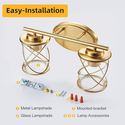 mavcadonf 2-Lights Bathroom Vanity Lights, Bathroom Light Fixtures Over Mirror, Brushed Gold Vanity Light, Farmhouse Wall Lights with Clear Glass Shade, Bathroom Wall Lamp for Mirror Kitchen Bedroom