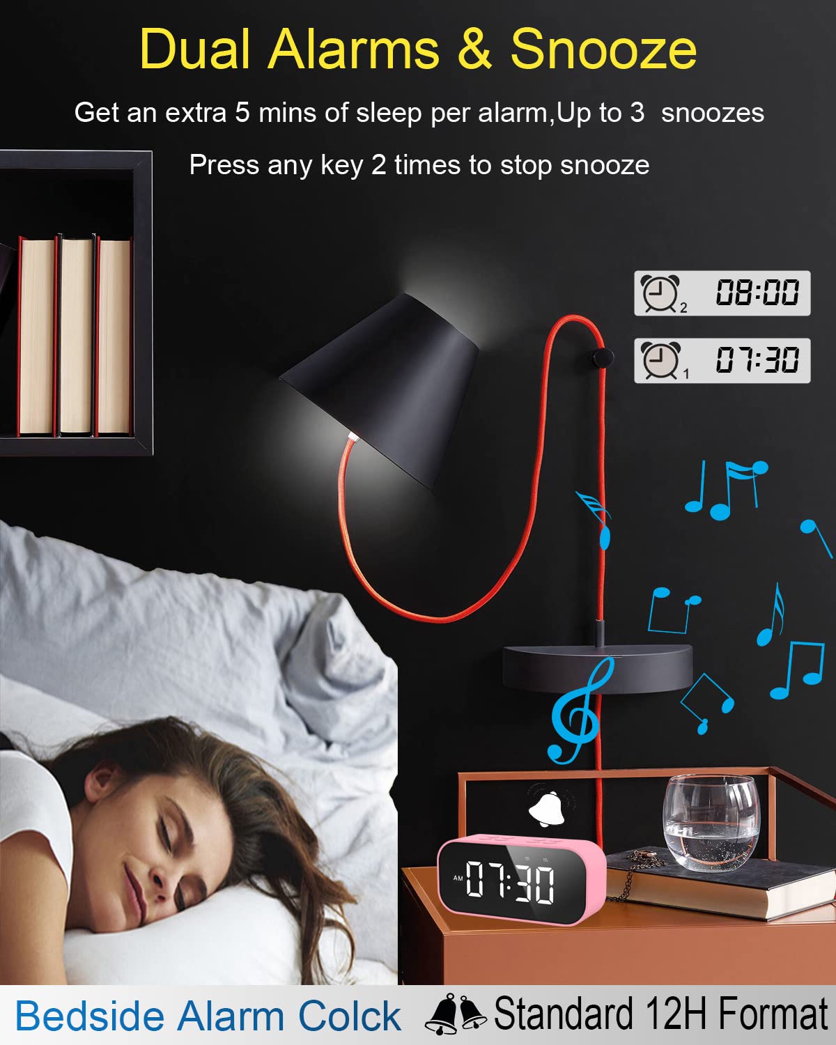 AFK Alarm Clock with Bluetooth Speaker for Bedroom,Small Digital Clock with Dual Alarms,Snooze,Mirror LED Display for Girls,Adults.