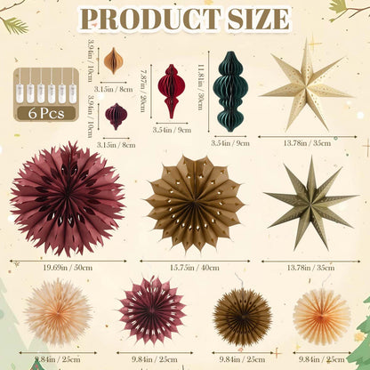 Christmas Hanging Decorations Set, 3D Paper Star Lanterns with Lights Paper Honeycomb Ornaments Snowflake Fans Decorative Hanging Ornamnets for Xmas Tree Frozen Winter Wonderland Holiday Party Decor