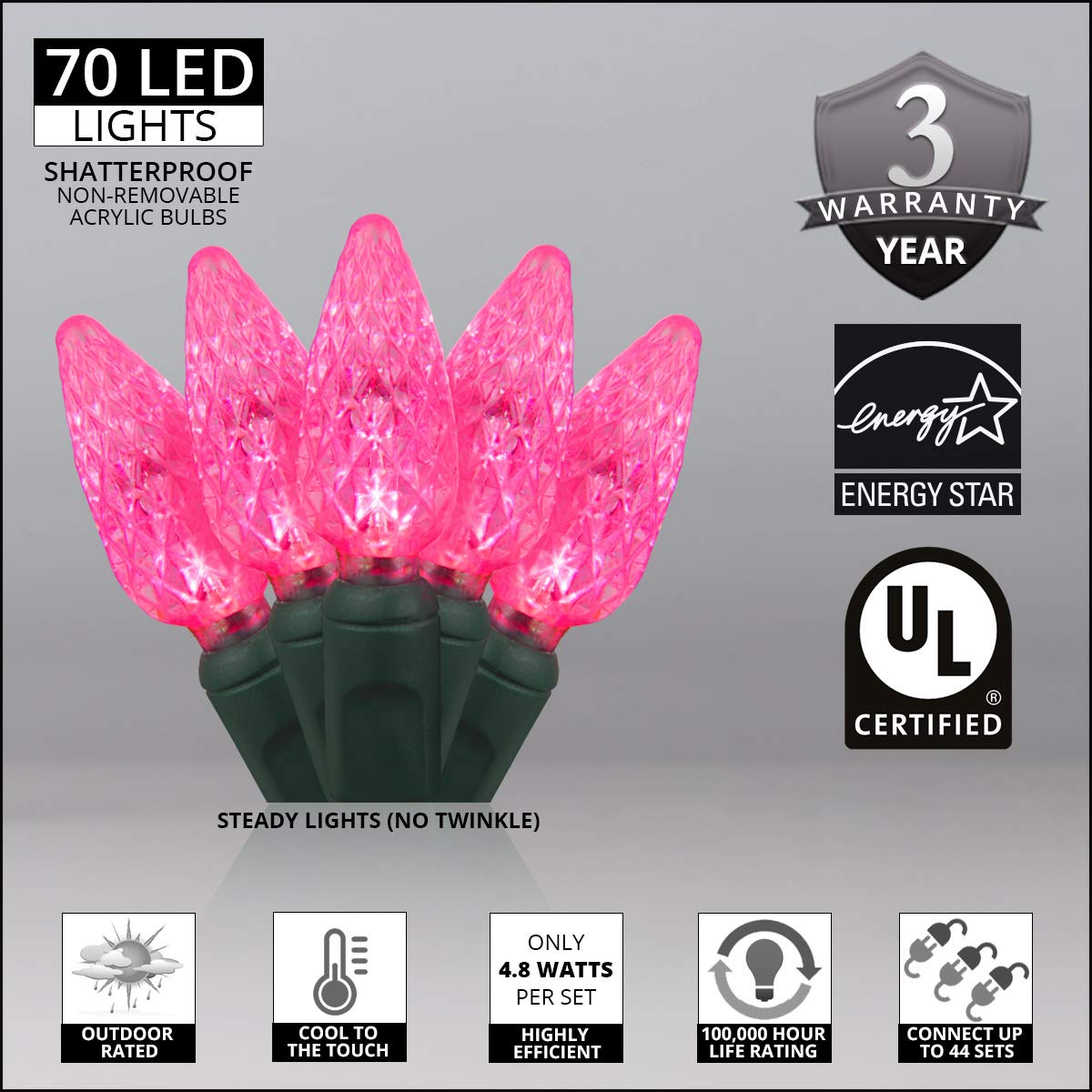 70 Pink C6 LED Christmas Lights, 24 ft Indoor/Outdoor Commercial Grade String on Green Wire, Perfect for Valentine’s Day Lighting