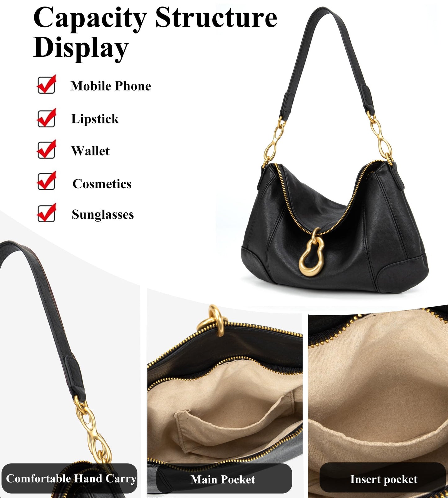 KingTo Shoulder Bag for Women Small Hobo Purse with Metal Pendant Embellished Retro Handbag Satchel (A-Black)