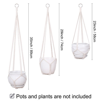 YIBOT 3 Pack Macrame Plant Hanger Indoor Hanging Planter Basket with 3 Hooks, 35"/29"/23" Crochet Plant Holder Stand No Tassels for Indoor Outdoor Boho Home Decor, Ivory (POTS NOT Included)