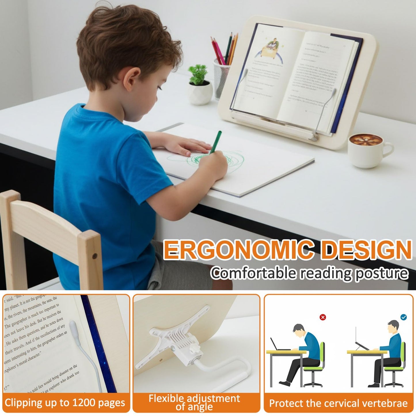 2 in 1 Dual-use Floor & Desktop Book Stand White, 19.6-54 Inch Height Adjustable, for Bible Stand Music Holder Podium Recipe Cookbook, Foldable Book Holder for Reading with Page Clips