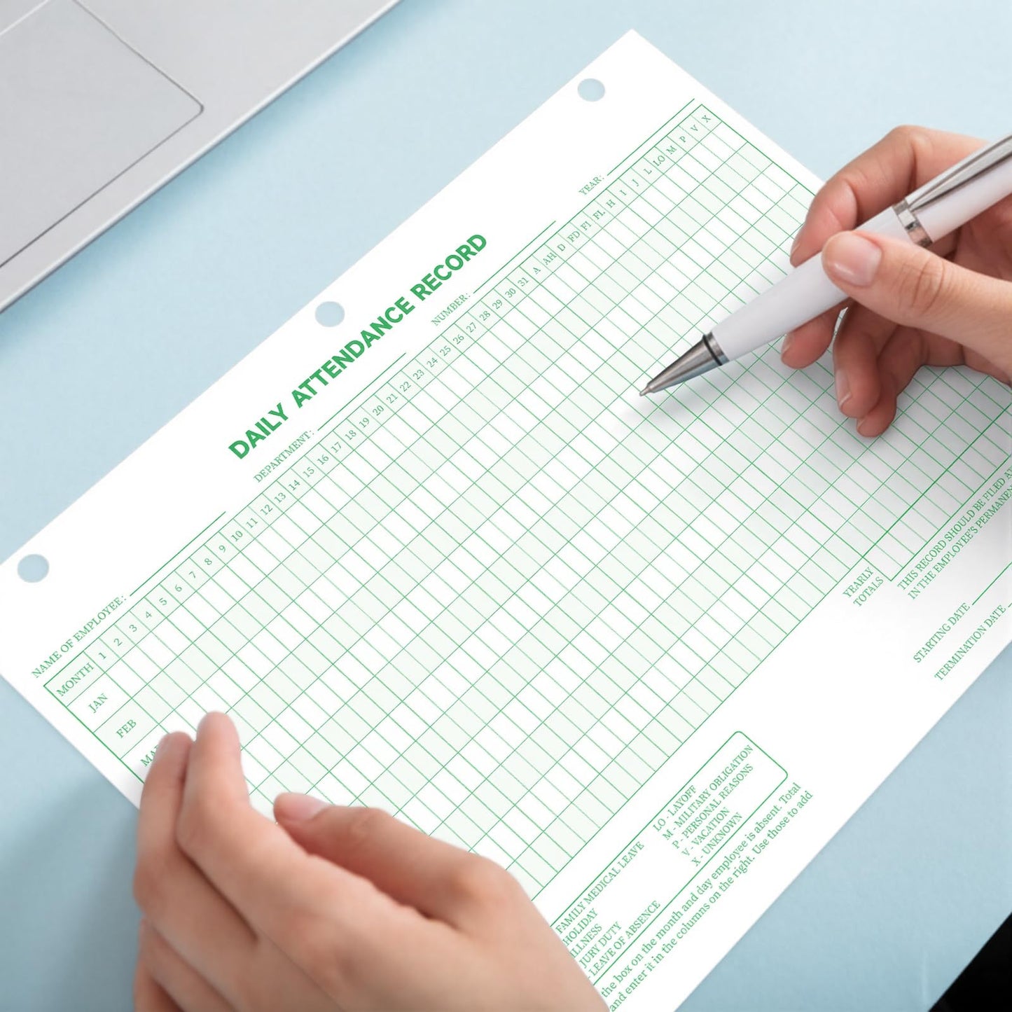 LemonSecret 100 Pcs Daily Attendance Card, Attendance Record Book Tracker 8.5 x 11 Inch, 2026 Daily Calendar Cards 3 Hole Employee Work Books Employee History Record Green Letter Size
