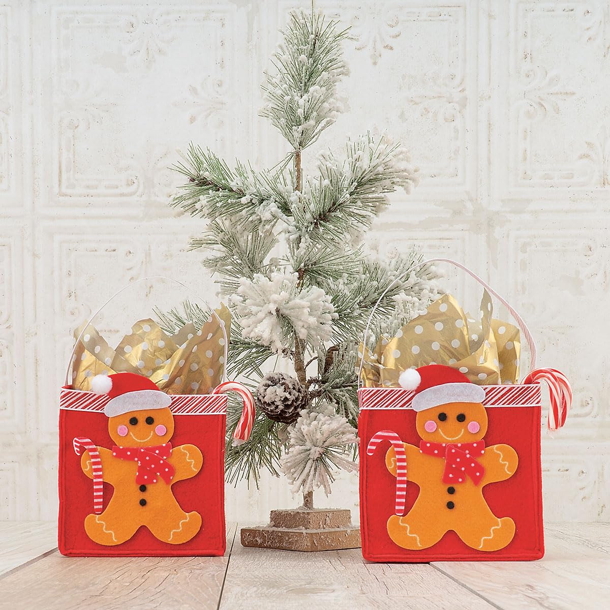 Current Gingerbread Man Christmas Treat Bags, Set of 6, 5.25" Tall Felt Gift Bags for Children, Holiday Parties, Teachers, and Decorations
