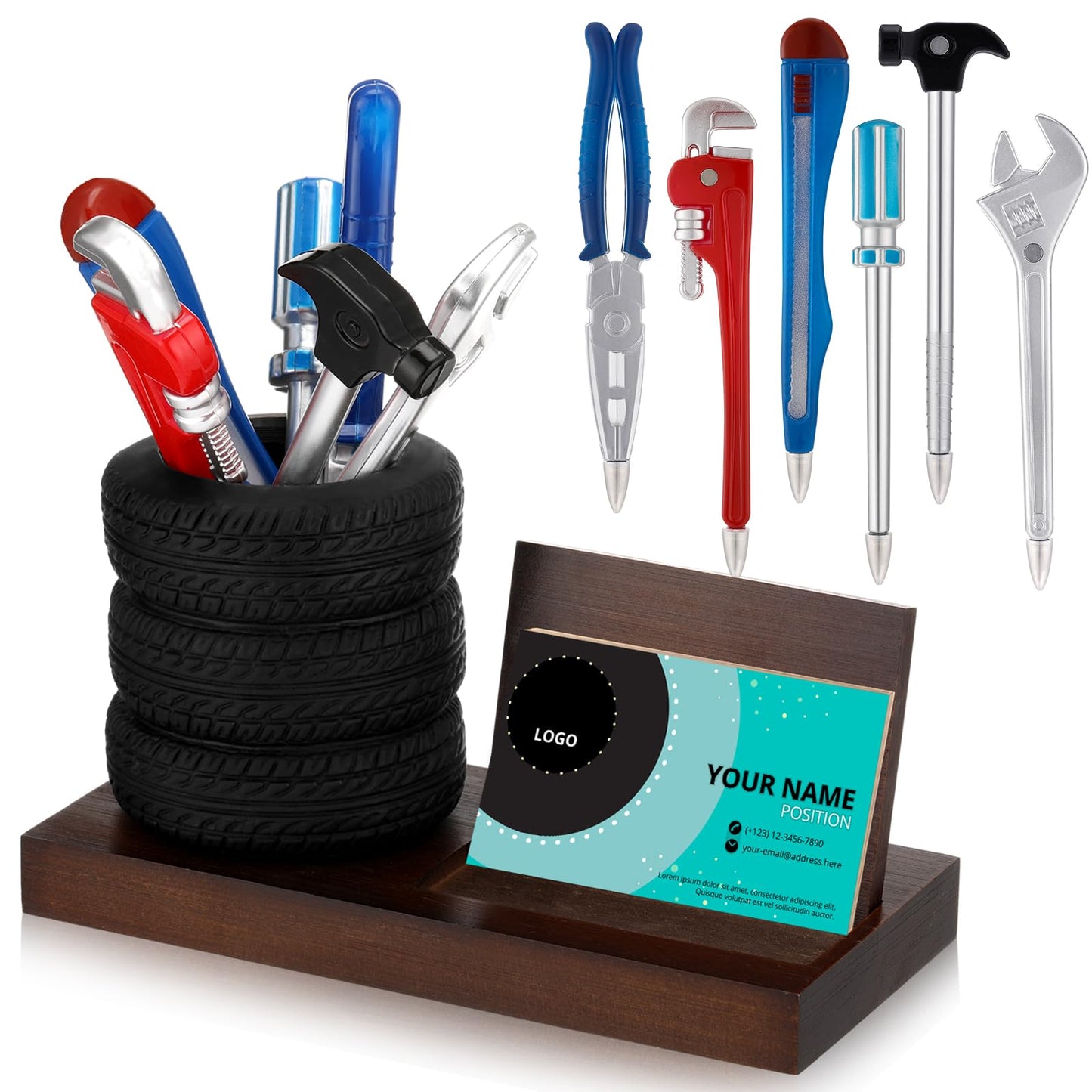 Feifeiya 7 Pcs Tire Pen Holder Tire Shape Funny Desk Accessories Include 6 Pcs Novelty Tool Car Business Card Holder Gift for Men Father's Day Mechanic Car Lover Salesman(Black,Walnut,Wood)