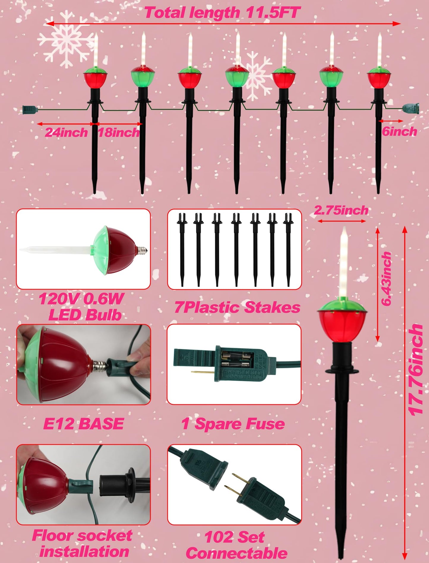 7 Pack Enchanting Christmas Pathway Lights, Whimsical Peppermint Candy Cane Bubbling Yard Stakes, Connectable Outdoor Walkway Lights for Holiday Yard, Sidewalk & Driveway Decor