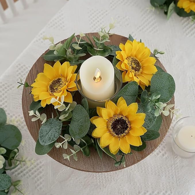 2 Pcs Artificial Sunflower Candle Rings, Fake Sunflower Candle Wreaths Ring Artificial Yellow Flower Leaves Wreath Fake Floral Candles Rings for Wedding Party Decorations