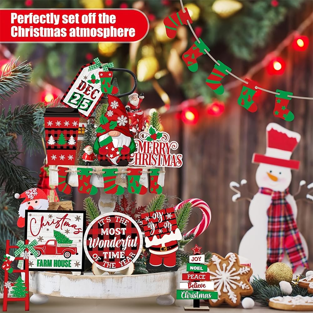 FRANDEK 14Pcs Christmas Tiered Tray Decoration Set, Wooden Winter Holiday Decor with Santa Gnome Sock Designs, Fireplace Mantel Centerpiece Decorations for Home Shelf Fireplace Kitchen Home Party