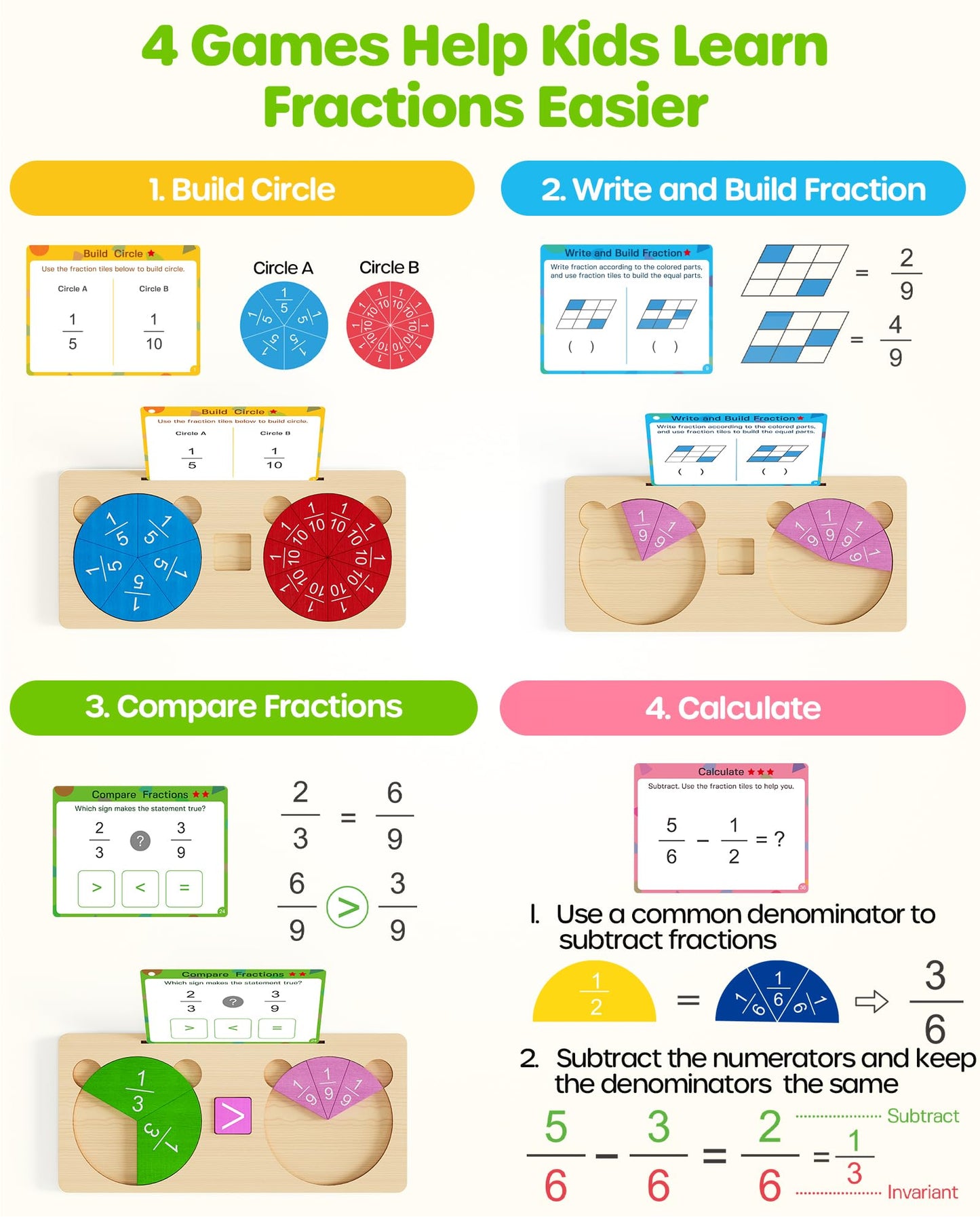 D-FantiX Wooden Fraction Educational Puzzle, Wood Fraction Tiles & Fraction Circles Set, Math Manipulatives for Elementary School, Montessori Fraction Manipulatives Games Learning Toys for Kids