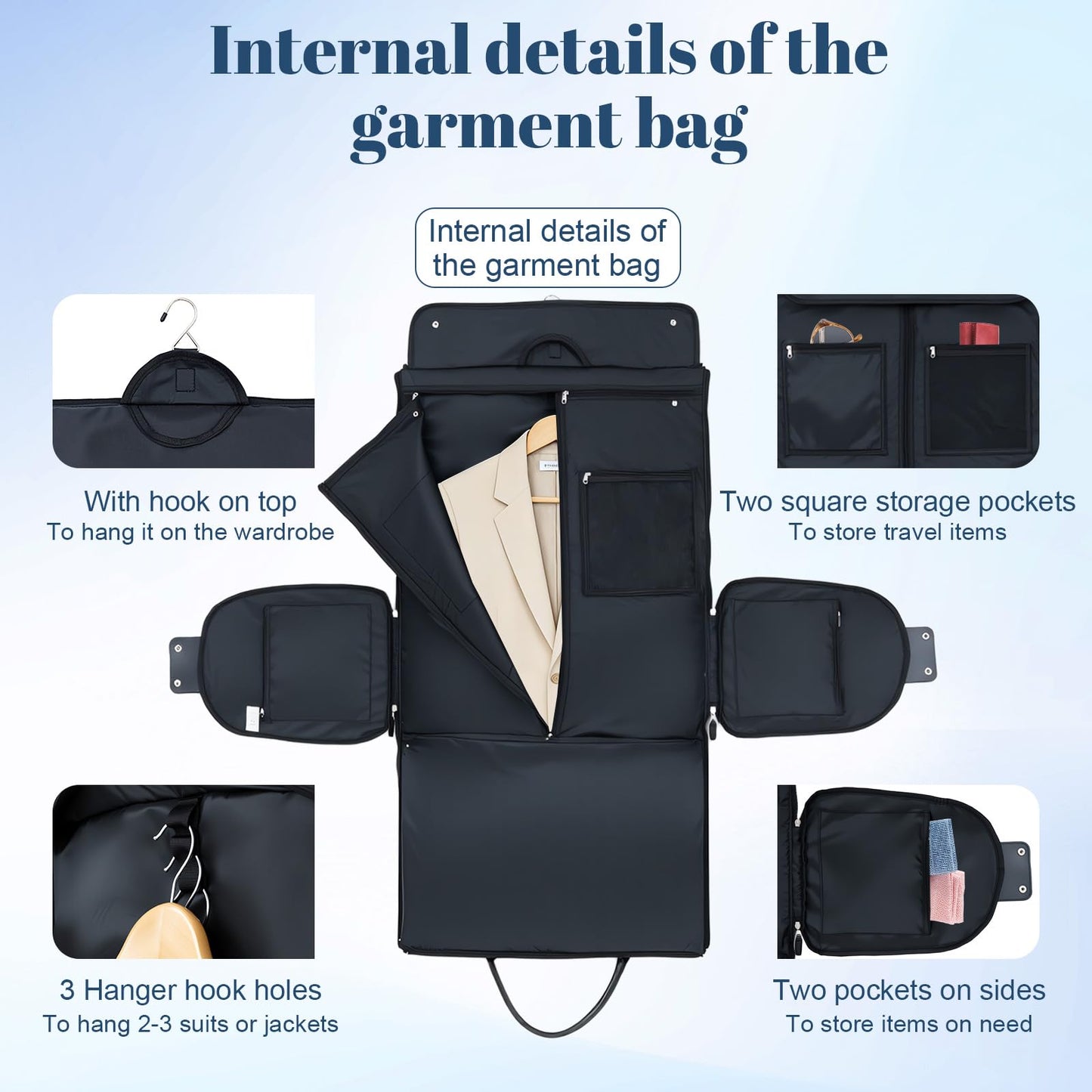 GARPROVM Garment Bags for Travel Women, 3 in 1 Convertible Garment Duffle Bags with Separated Tote Bag, Waterproof Suit Bag Travel Carry On Luggage Weekender Bag for Business Trip, Black