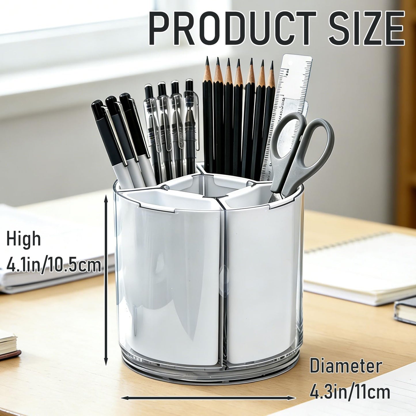 Hikiwin 360 Rotating Plastic Desk Pen Organizer, Rotating Detachable Desk Organizer, Multi Compartment Pen Holder, 5 Slots Unique Make Up Brushes Cup for Cosmetics, Art Supply, White, 1 Piece