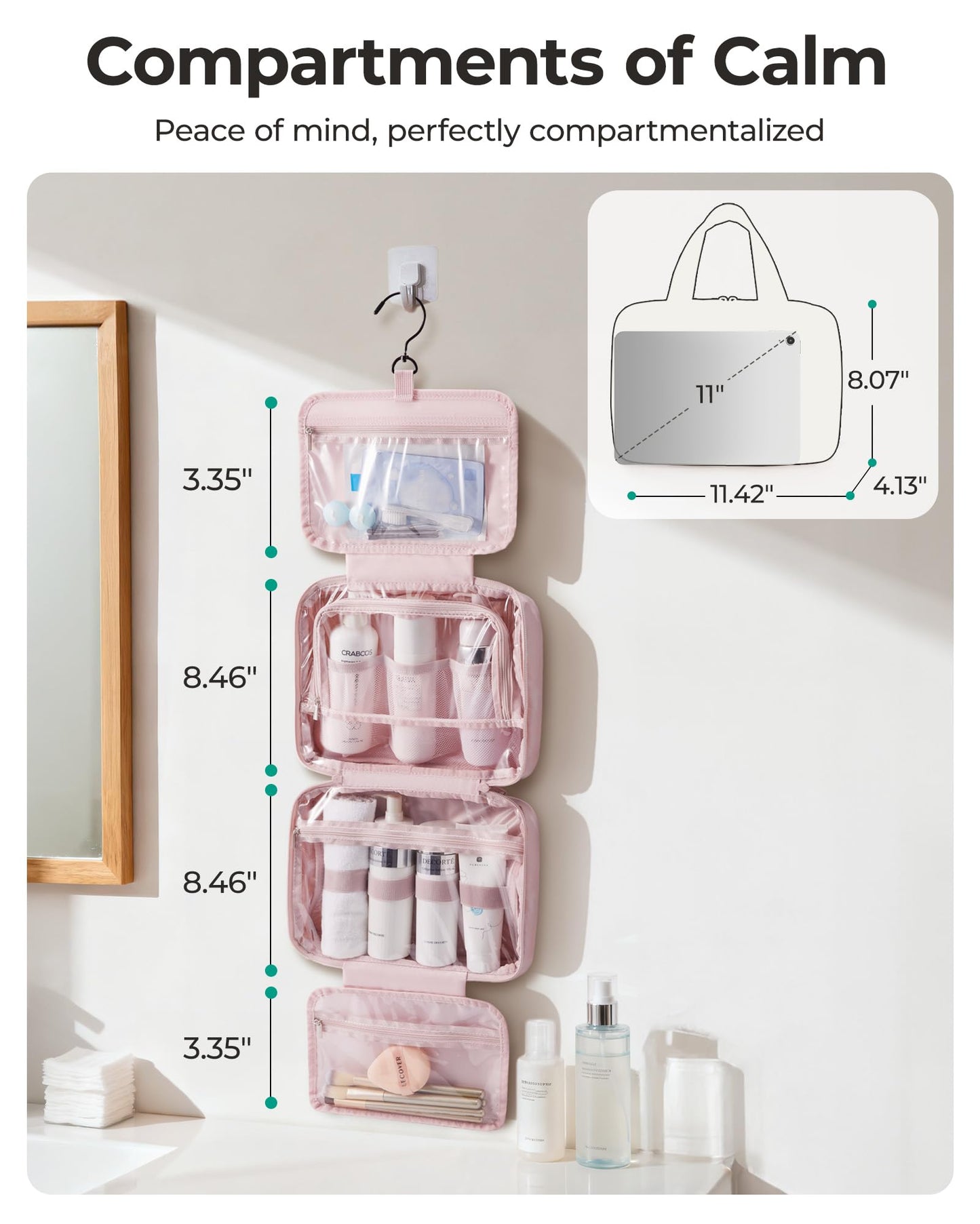 BAGSMART Travel Toiletry Bag for women, Portable Hanging Hook Makeup Bag Organizer, Waterproof Makeup Cosmetic Bag, for Full-Size Accessories, Toiletries, Camel