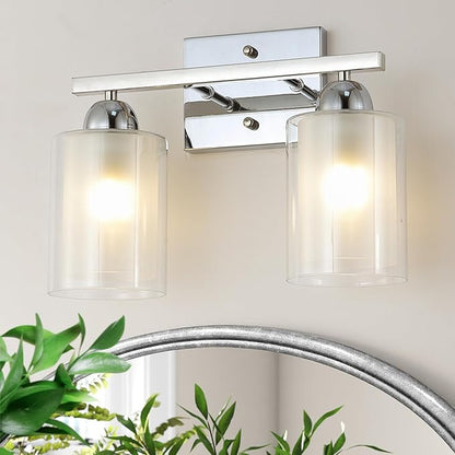 Stainless Steel Bathroom Vanity Light Over Mirror, 2 Light Polished Chrome Bathroom Light Fixtures with Milk Glass and Clear Glass Shades, Modern Vanity Lighting Wall Mount