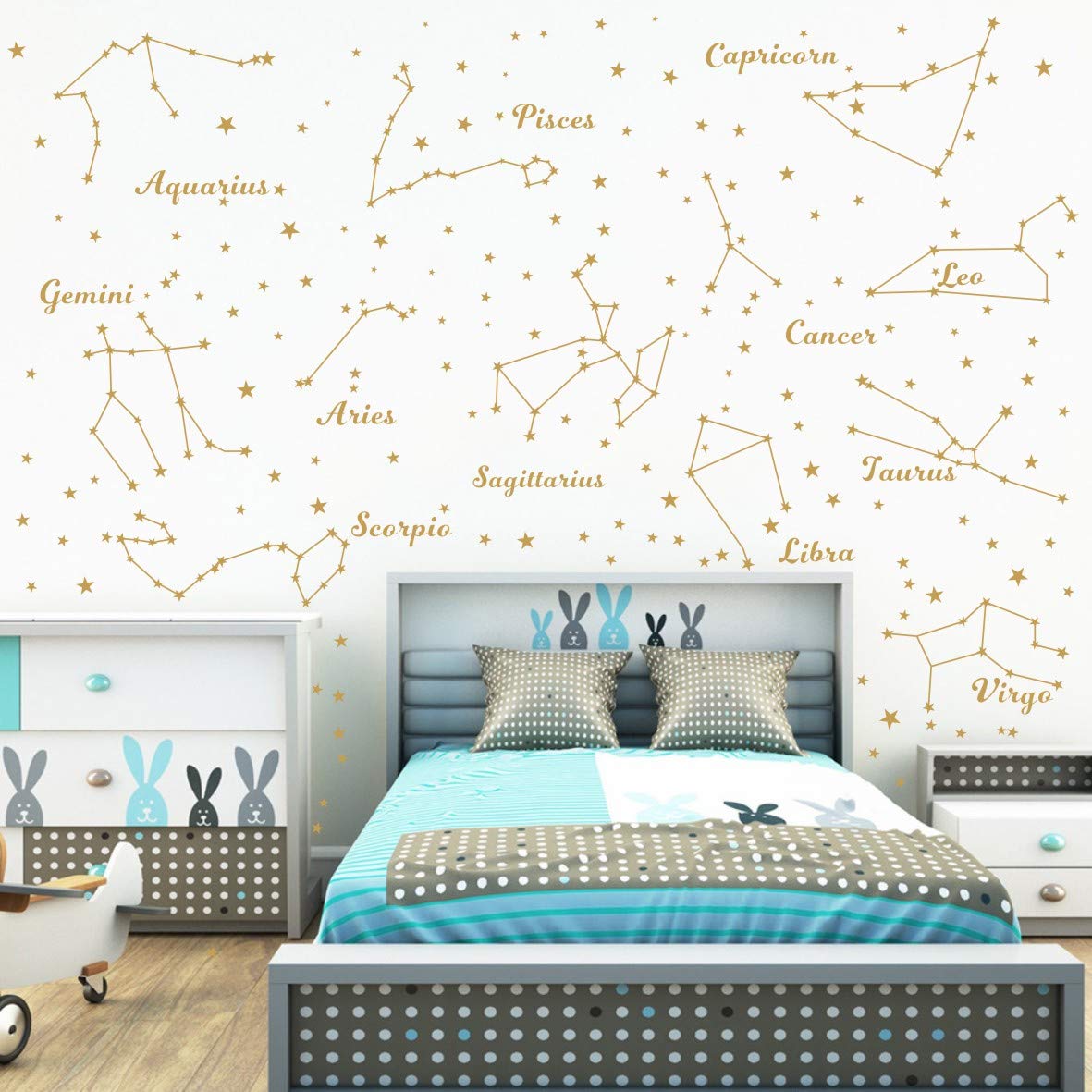 Constellation Wall Decal Twelve Constellations Stars Wall Stickers for Nursery Room Zodiac Astronomy Art Mural Kids Room Stars Decoration AM117 (Gold)