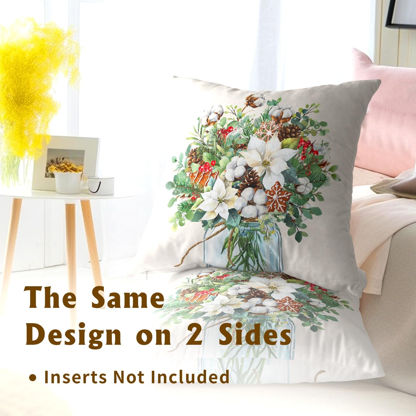 Winter Floral Bouquet Throw Pillow Covers 18x18 Inch 2 Packs Christma Poinsettias Pinecones Pillowcase Holly Berries Eucalyptus Mason Jar Farmhouse Cotton Square Cushion Case for Home Sofa Bedroom