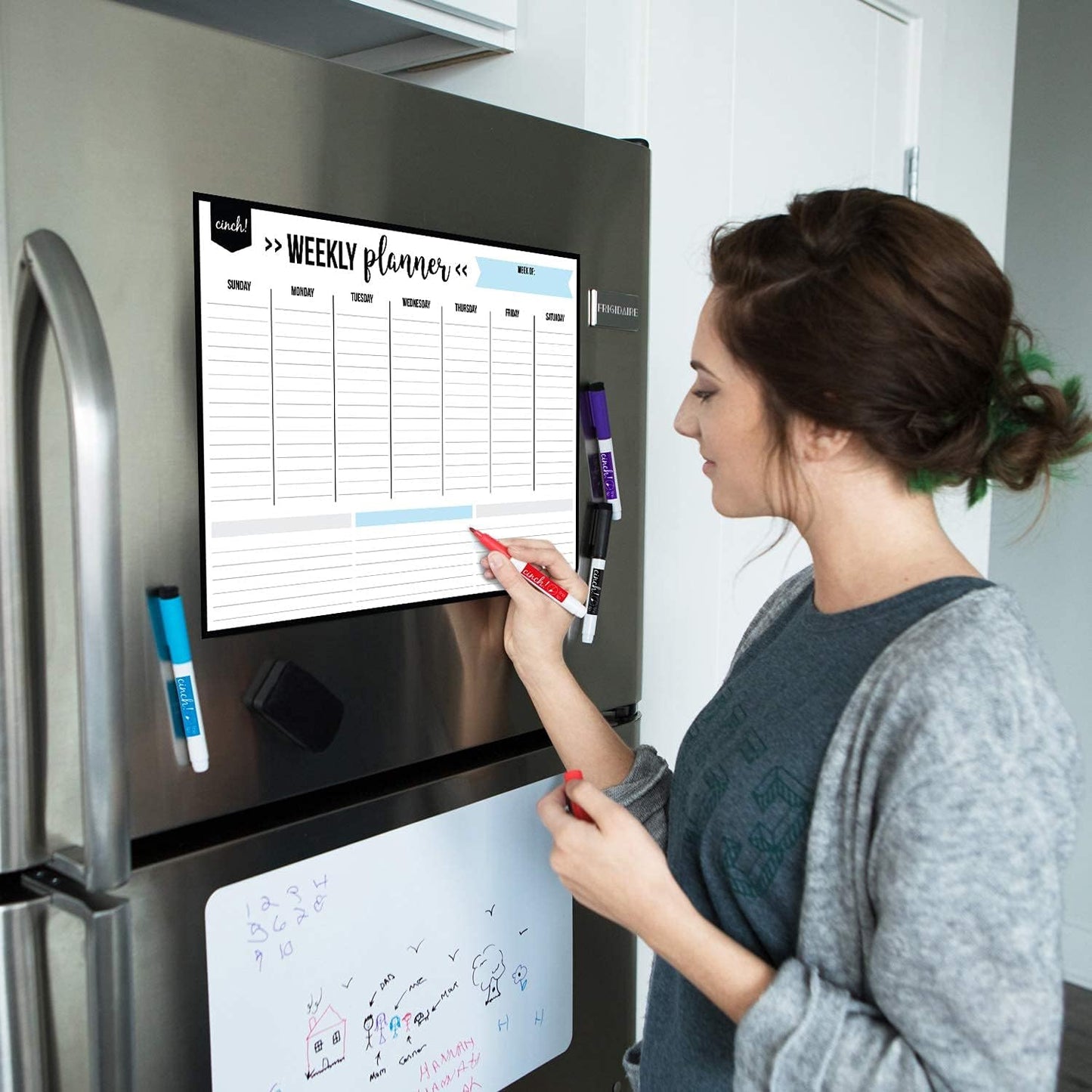 cinch! 17x12-Inch Magnetic Weekly Planner/Calendar for Fridge and Meal Planner - Stain Resistant Dry Erase Whiteboard with 4 Fine Tip Markers and Eraser for Easy Scheduling