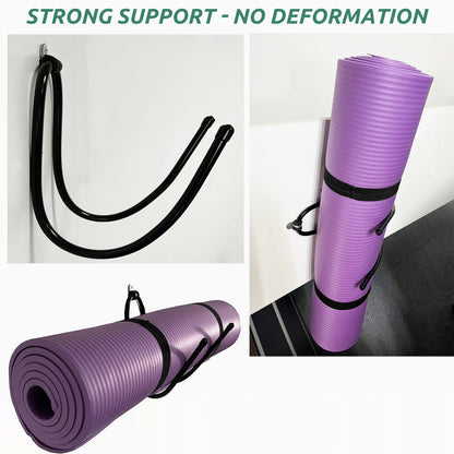 Upgraded large Yoga Mat Holder Wall Mount, Metal Storage Rack for Yoga Mat/Wheels, Foam Roller etcs, Wall Rack Organizer Hooks for Hanging Stretching Strap & Resistance Bands, Yoga Room/Home Gym Decor