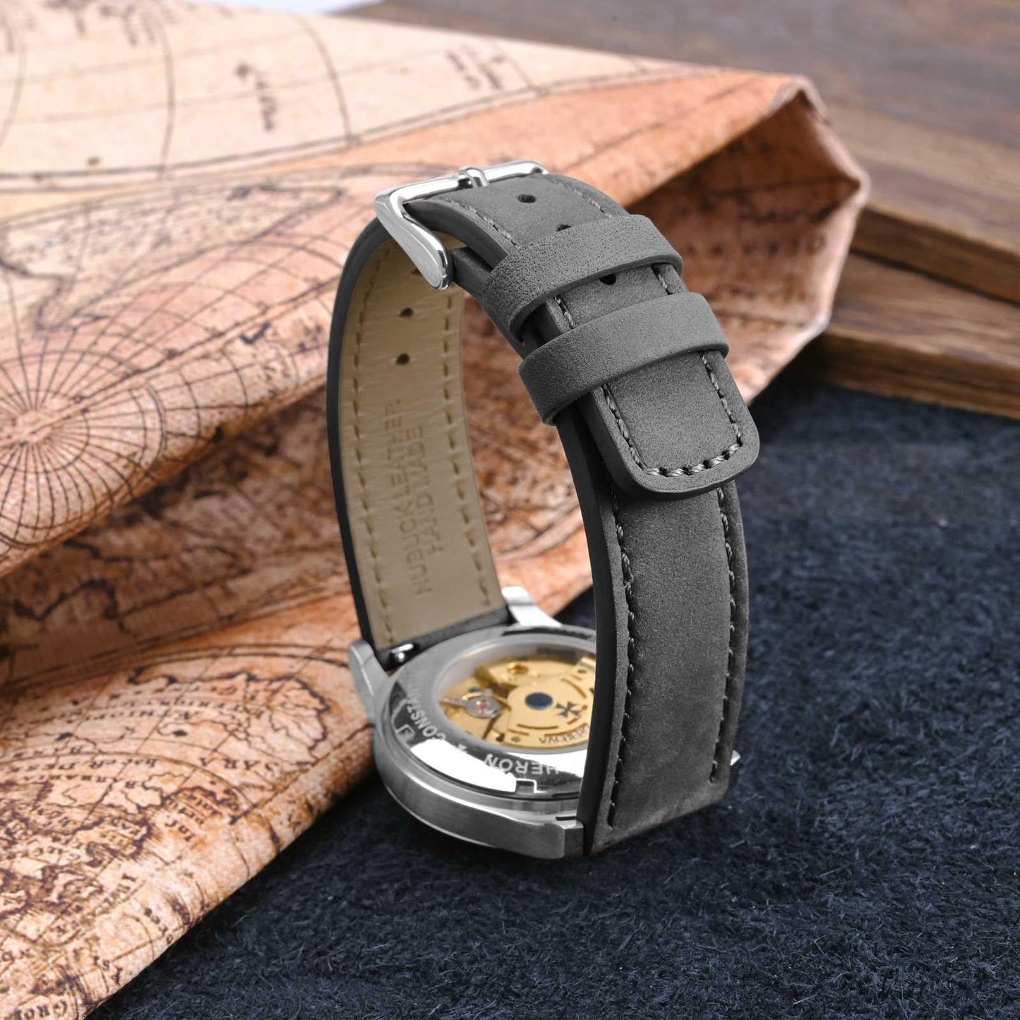 WOCCI 20mm Retro Leather Watch Band for Men and Women, Quick Release Replacement Strap with Black Buckle (Grey)