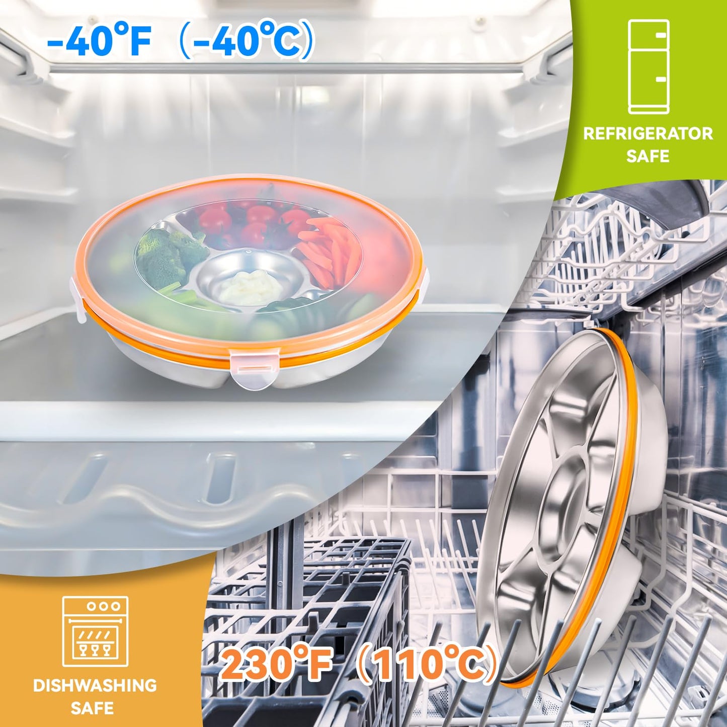 Motith 6-Compartment Stainless Steel Serving Tray with Lid - 10-inch Divided Snack/Vegetable/Fruit Tray for Christmas Parties, Snackle Box & Platter Container