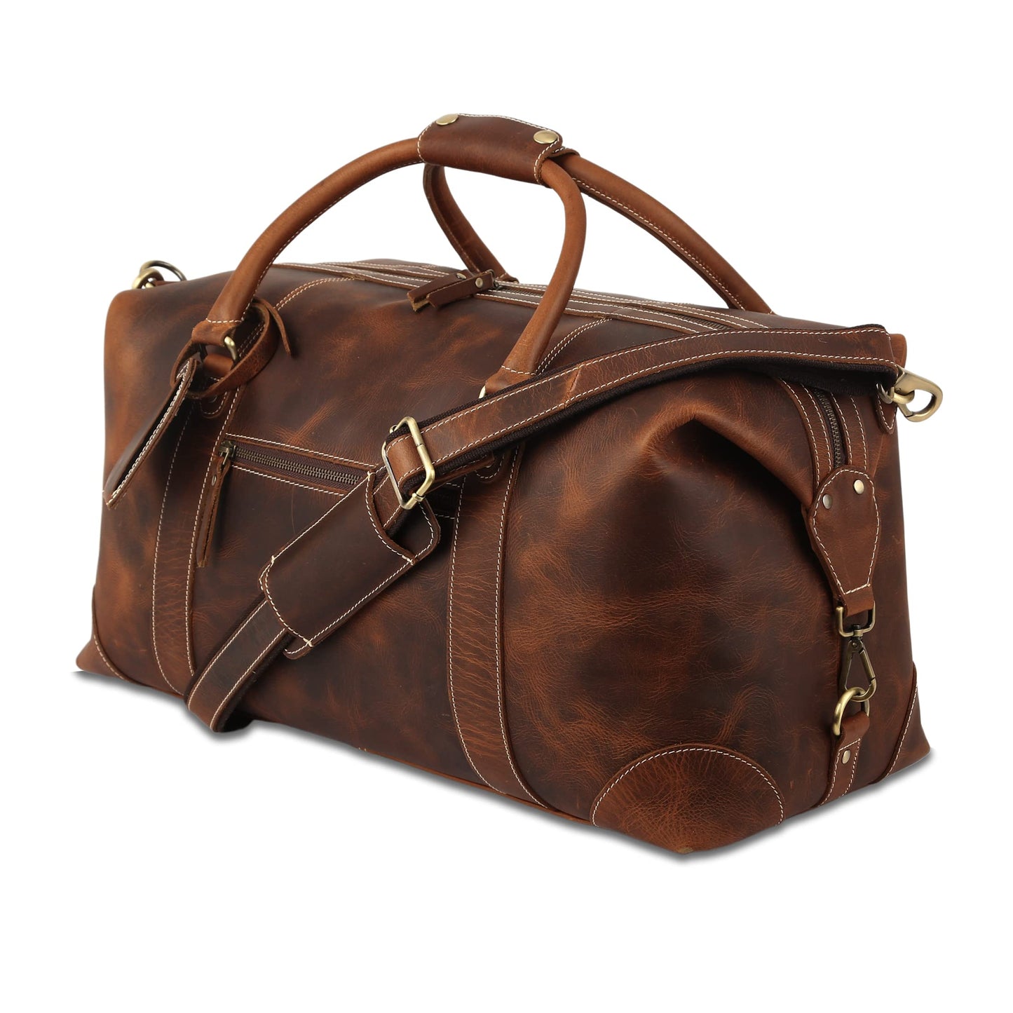 KomalC Leather Travel Duffle Bags for Men and Women Overnight Weekend Bag, Sports Gym Duffel (Dark Tan)