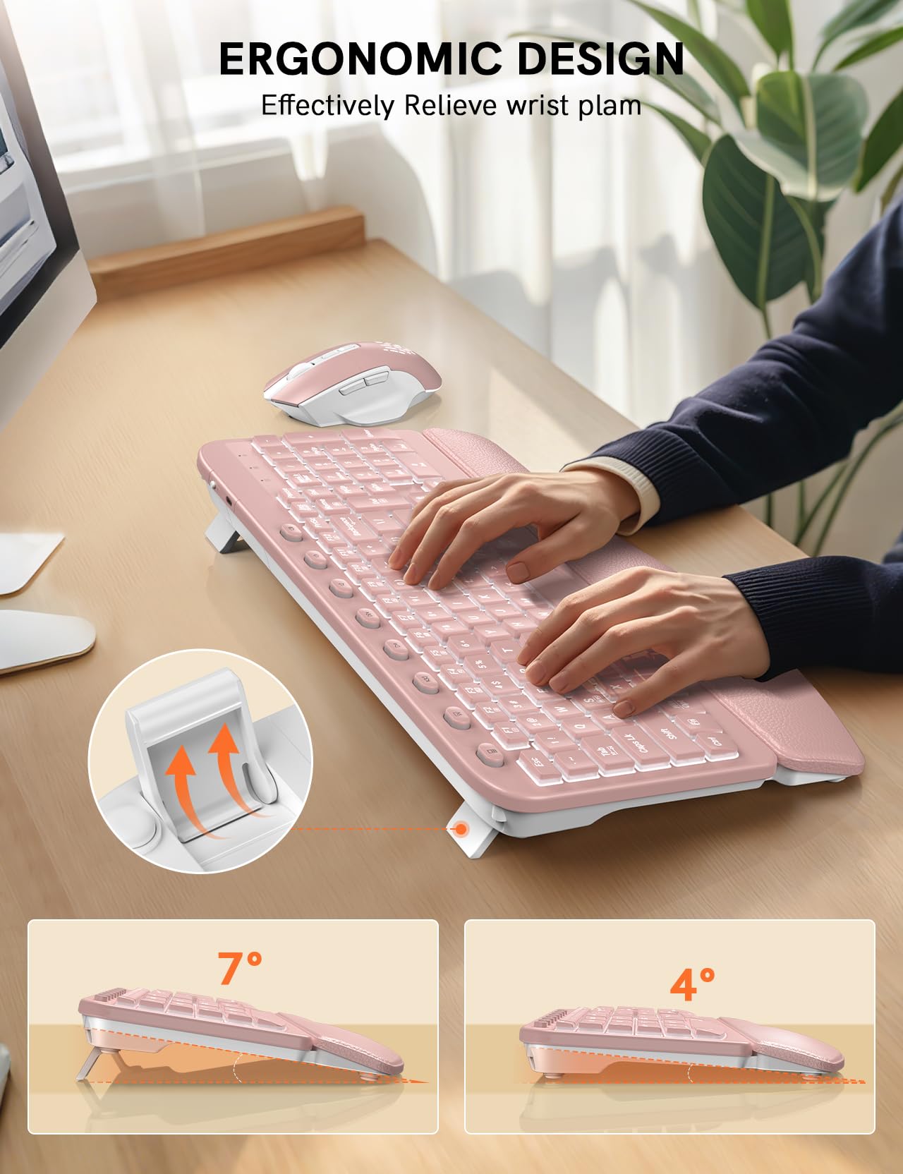 SABLUTE Wireless Keyboard and Mouse Combo Ergonomic - MA12Pro Wave Keyboard with Leather Wrist Rest for Comfortable Typing, RGB Backlit Rechargeable for Windows, Mac, PC, Laptop (Pink)