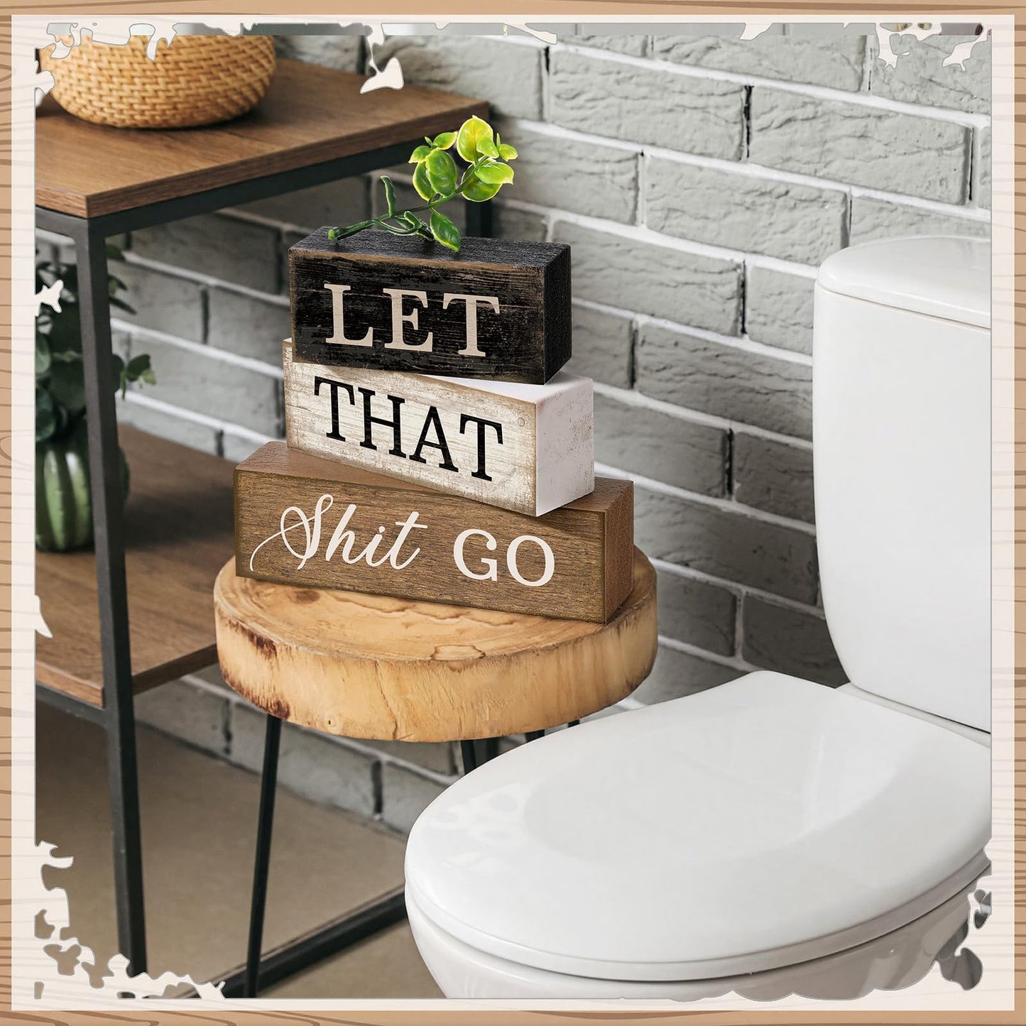 Moucuny 4 Pcs Bathroom Shelf Decor Sign Farmhouse Bathroom Decor and Accessories Rustic Eucalyptus Leaves Wood Block Sign Gift Let That Shit Go Funny Farmhouse Table Centerpiece for Home Office Toilet