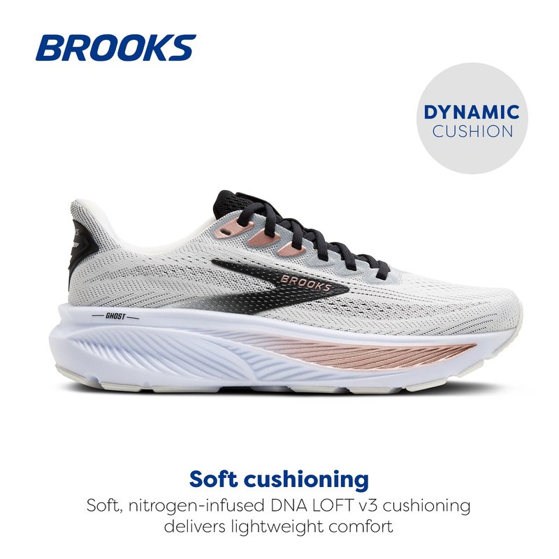 Brooks Women’s Ghost 17 Neutral Running Shoe - White/Black/Rose Gold - 12 Medium