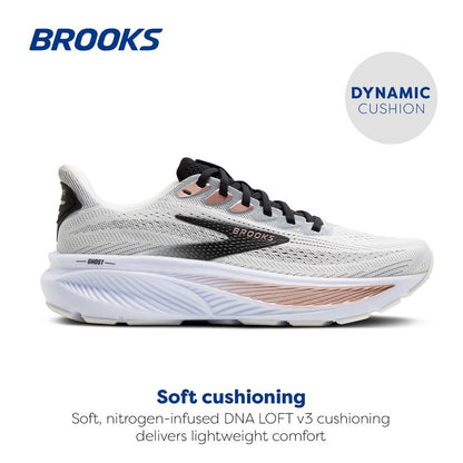Brooks Women’s Ghost 17 Neutral Running Shoe - White/Black/Rose Gold - 6.5 Medium