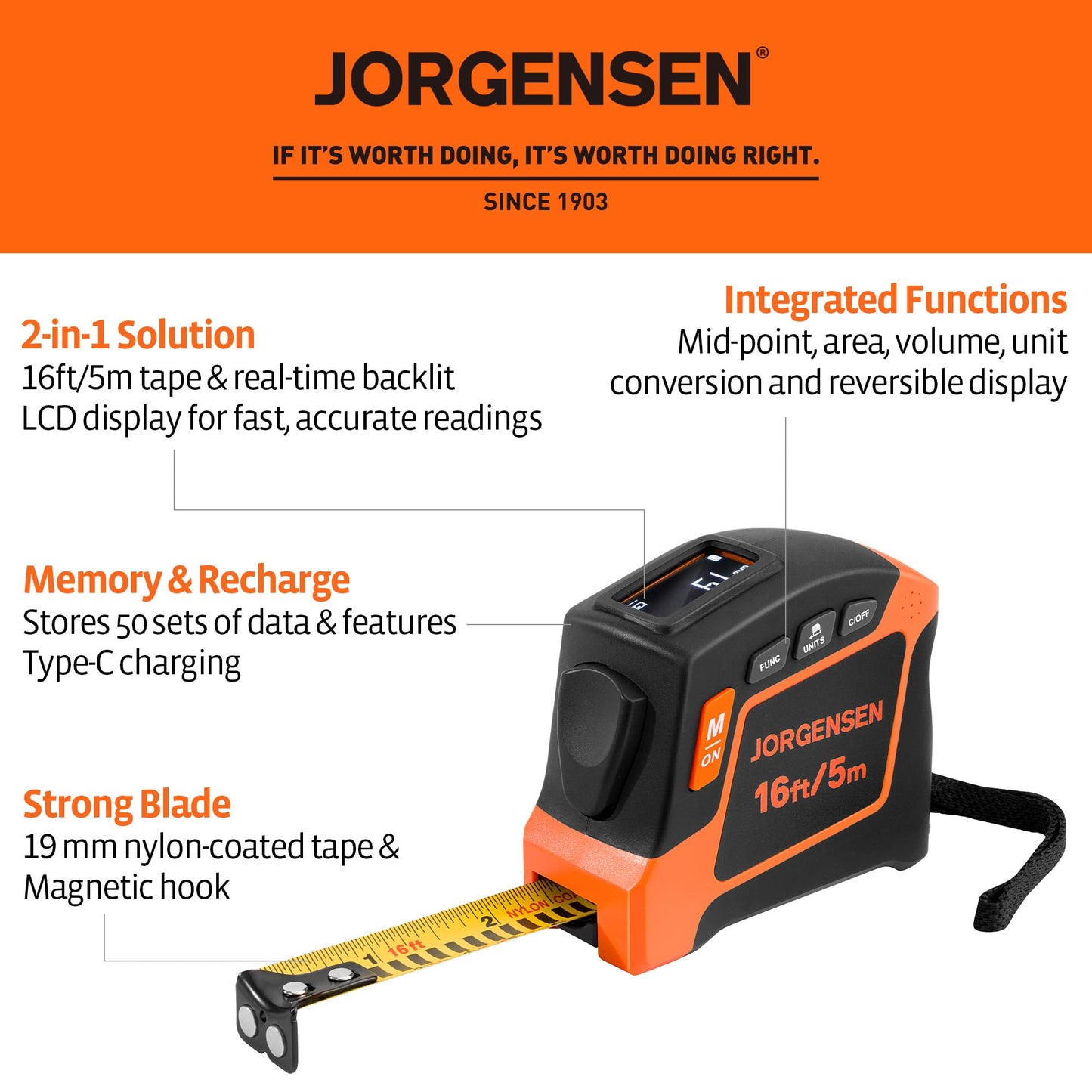 JORGENSEN Digital Tape Measure, 16Ft Rechargeable Digital Measuring Tape Ft/Ft+in/in/M/CM/MM Unit, Metric & Inches Tape Measurement Tool for Pythagorean, Area, Volume