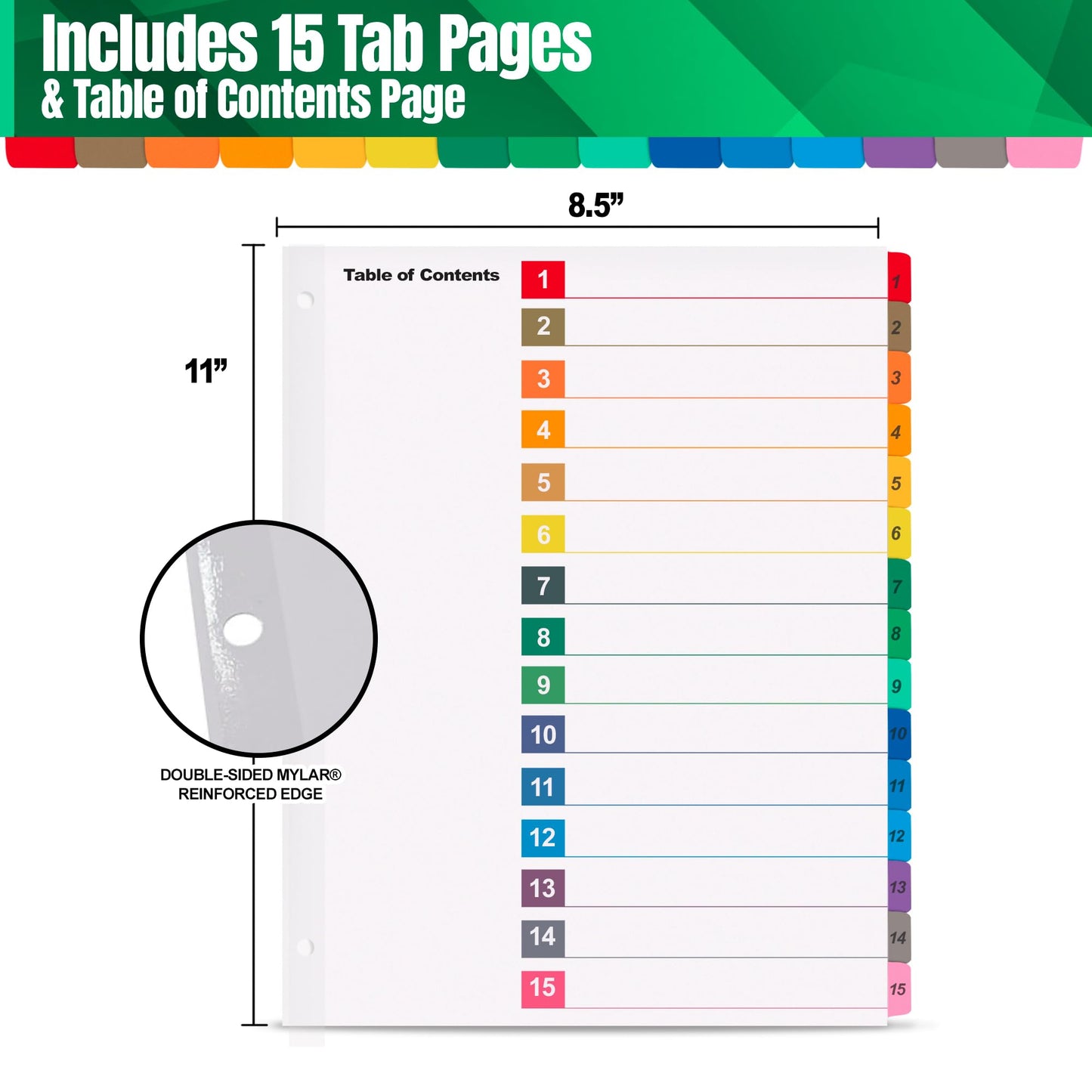 Tab Dividers for 3 Ring Binders – 6 Sets, 1–15 Numbered Index Dividers with Table of Contents – 8.5 x 11 in, 3-Hole Punched – Binder Dividers for School, Office, Filing, Organizing - 6 Pack