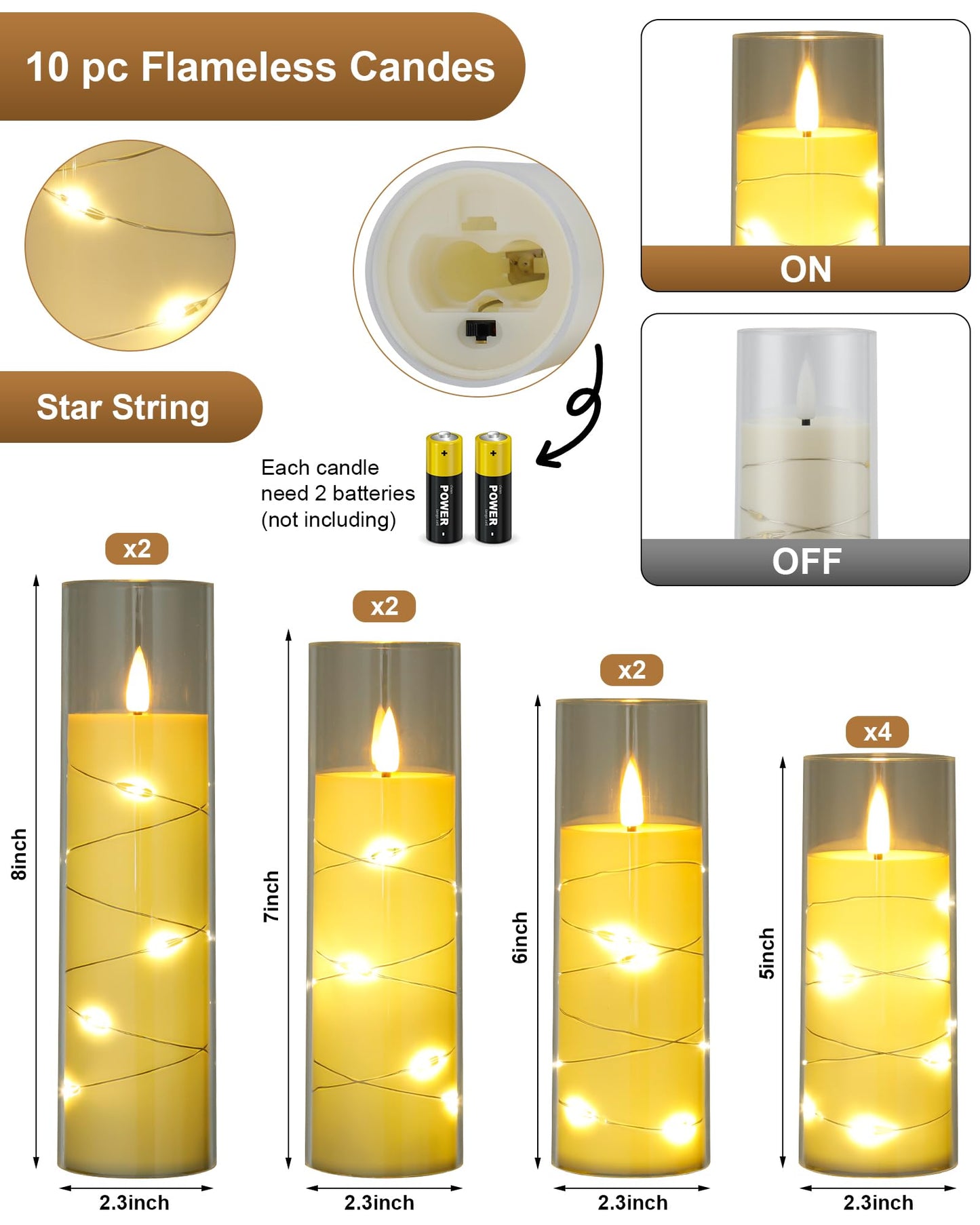 Enido 10 Pc Flameless LED Candles with Remote & Timer, Battery Operated Acrylic Pillar Set, Flickering Electric Lights with Embedded Star String for Cozy Home & Holiday Romantic Decor (Matte Clear)