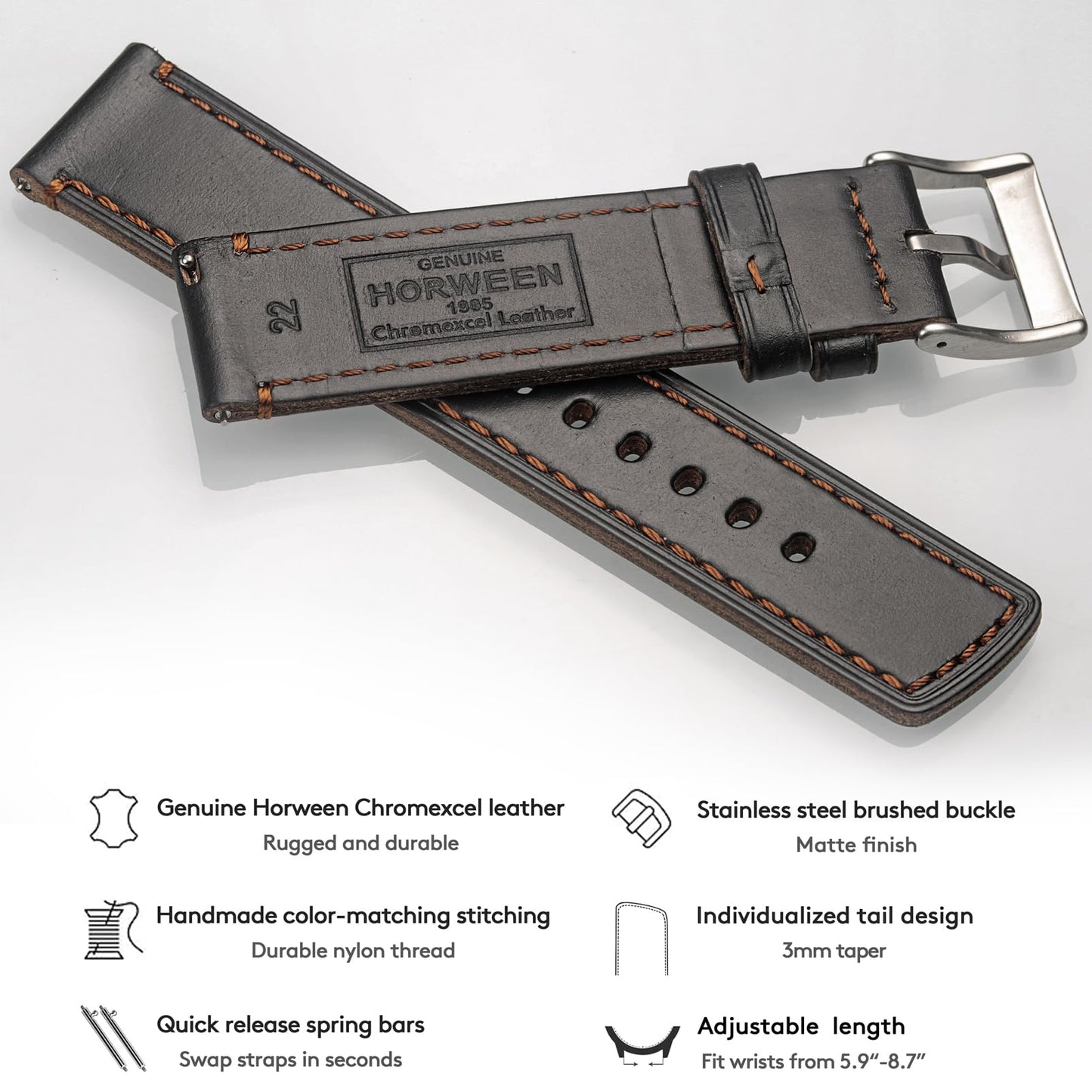 hemsut h Soft Leather Watch Bands for Men, Horween Quick Release Leather Watch Strap Vintage Watch Replacement Wrap of 22mm