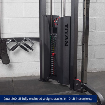 Titan Fitness Functional Trainer, Cable Crossover Machine with 200 LB Double Weight Stack, 2:1 Cable Pull Station, Home Gym Workout Weight Training Machine with Attachments