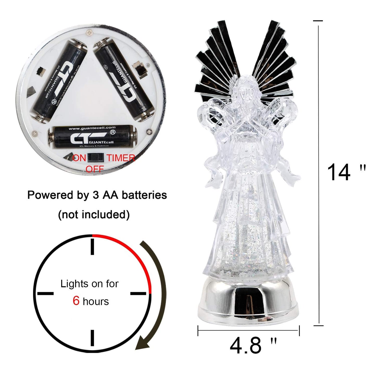 DRomance 14" Angel Snow Globe Lantern Battery Operated with 6 Hour Timer Color Changing LED Light Praying Angel Swirling Glitter Water Lamp Thanksgiving Christmas Holiday Decor Gift